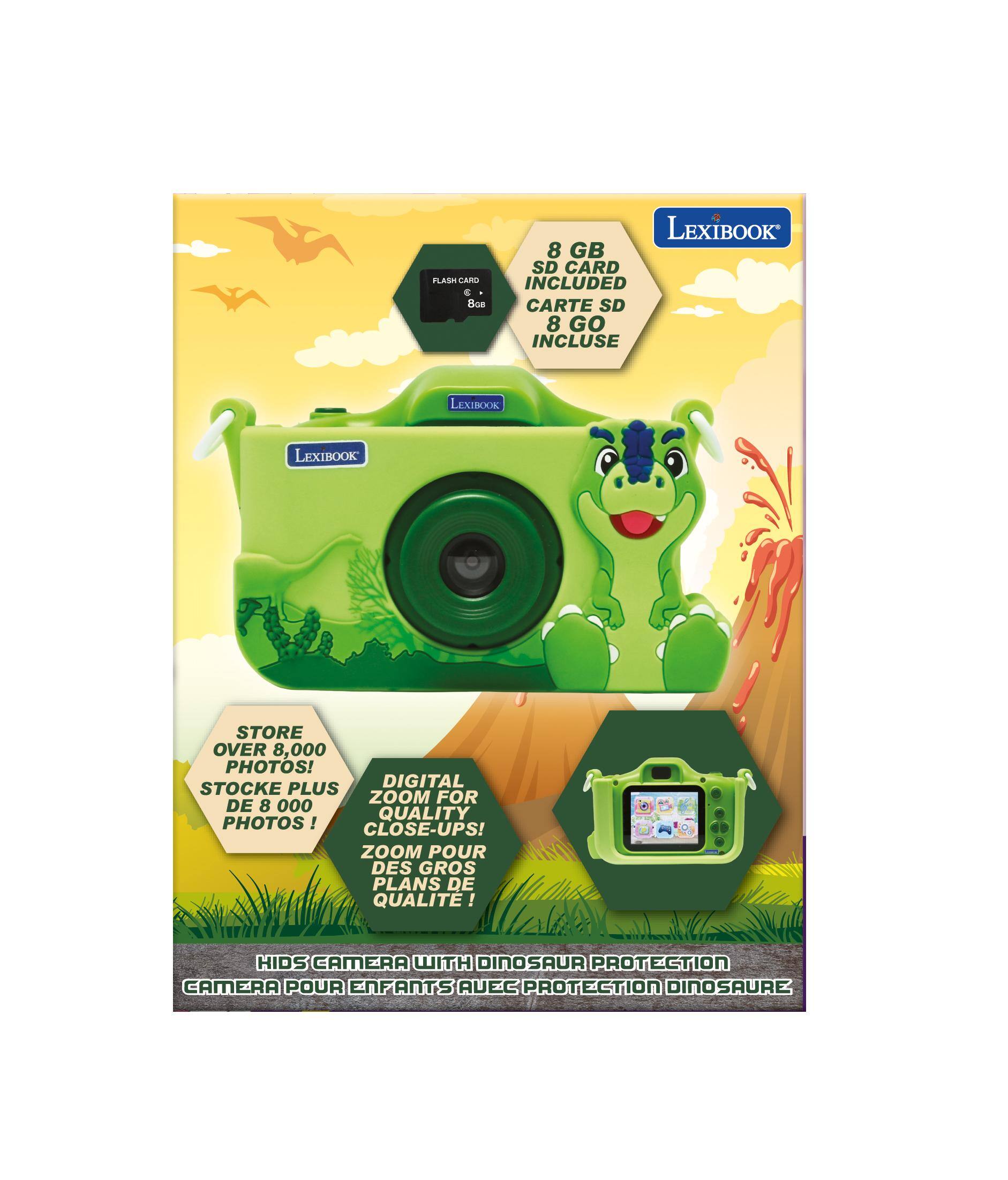 FLASH CARD E  
Bos  
LEXIBOOK  
8 GB SD CARD INCLUDED  
CARTE SD 8 GO INCLUSE  

LEXIBOOK STORE OVER 8,000 PHOTOS!  
DIGITAL STOCKE PLUS DE 8 000 QUALITY PHOTOS!  
CLOSE-UPS!  
ZOOM POUR DES GROS PLANS DE QUALITE!  

HIDS CAMERA WITH DINOSAUR PROTECTION  
CAMERA POUR ENFANTS AVEC PROTECTION DINOSAURE