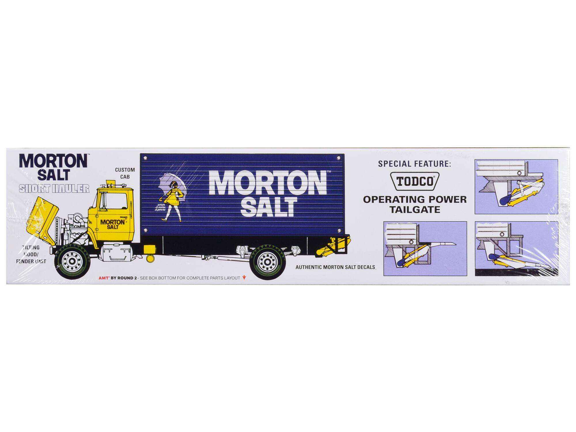MORTON SALT  
CUSTOM CAB  
SIOORT HAULER  

SPECIAL FEATURE:  
TODCO  
OPERATING POWER TAILGATE  

AUTHENTIC MORTON SALT DECALS  

TILTNG FENDER UNIT  

AMT BY ROUND 2 - SEE BOX BOTTOM FOR COMPLETE PARTS LAYOUT