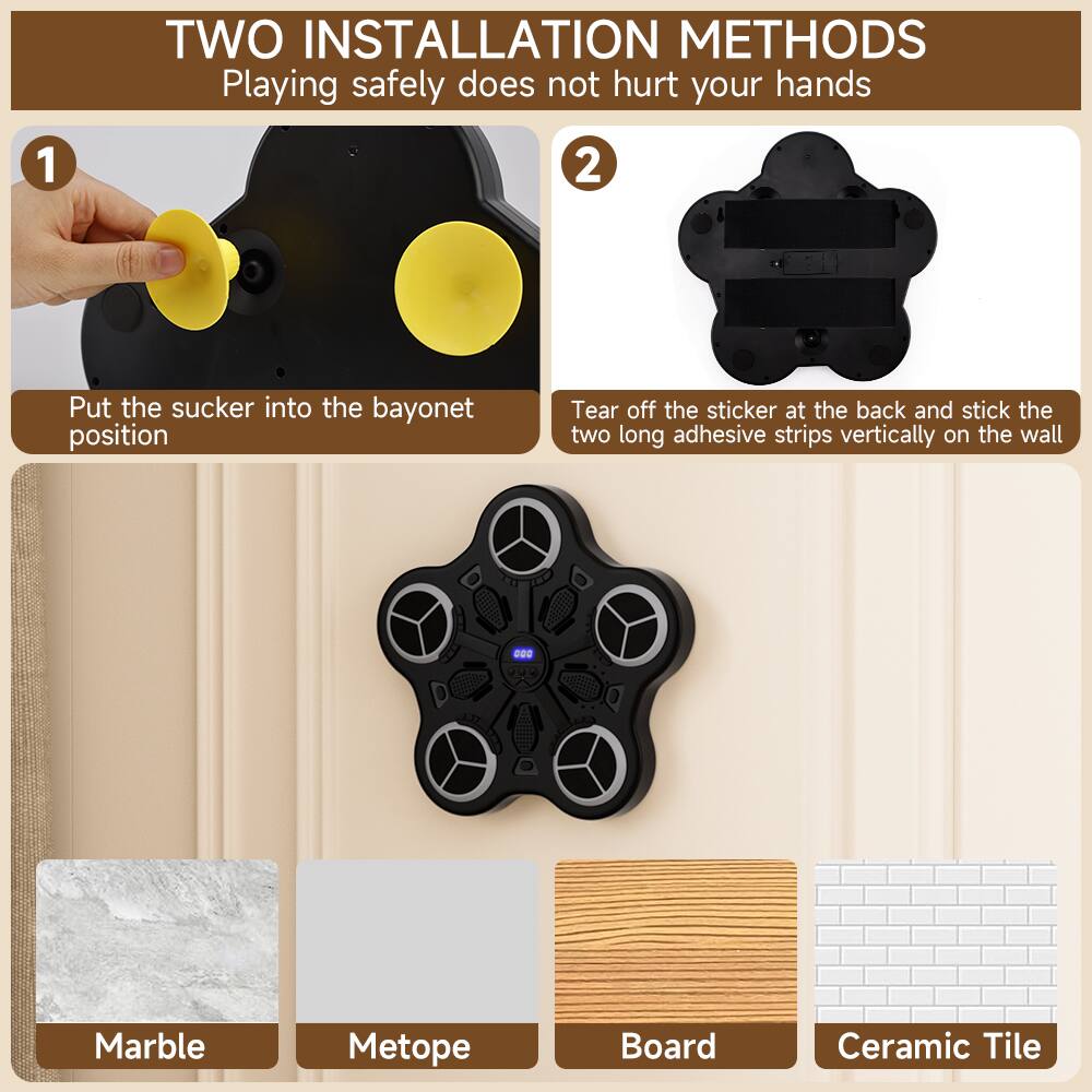 **TWO INSTALLATION METHODS**  
Playing safely does not hurt your hands

1. Put the sucker into the bayonet position

2. Tear off the sticker at the back and stick the two long adhesive strips vertically on the wall

- Marble
- Metope
- Board
- Ceramic Tile