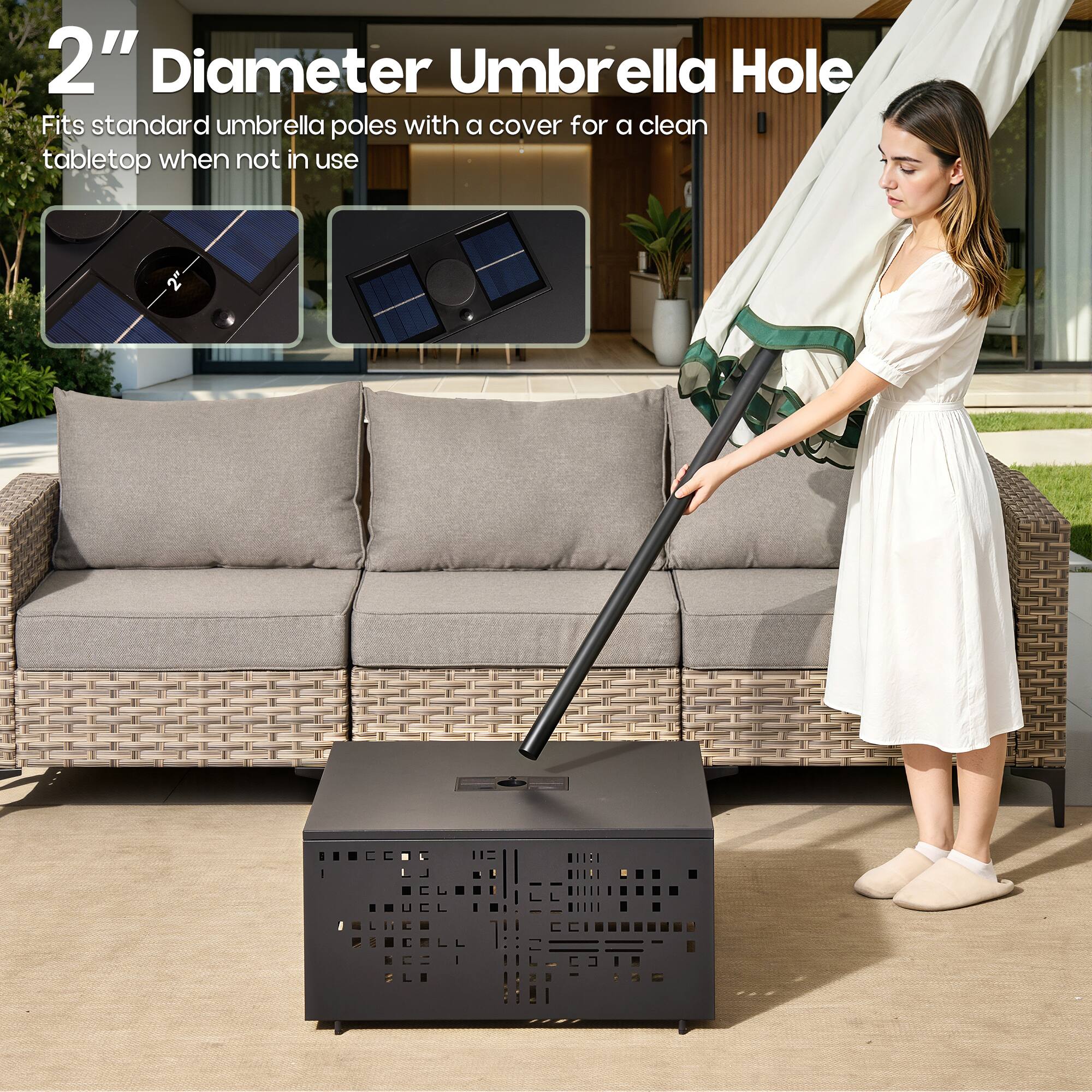 2" Diameter Umbrella Hole  
Fits standard umbrella poles with a cover for a clean tabletop when not in use