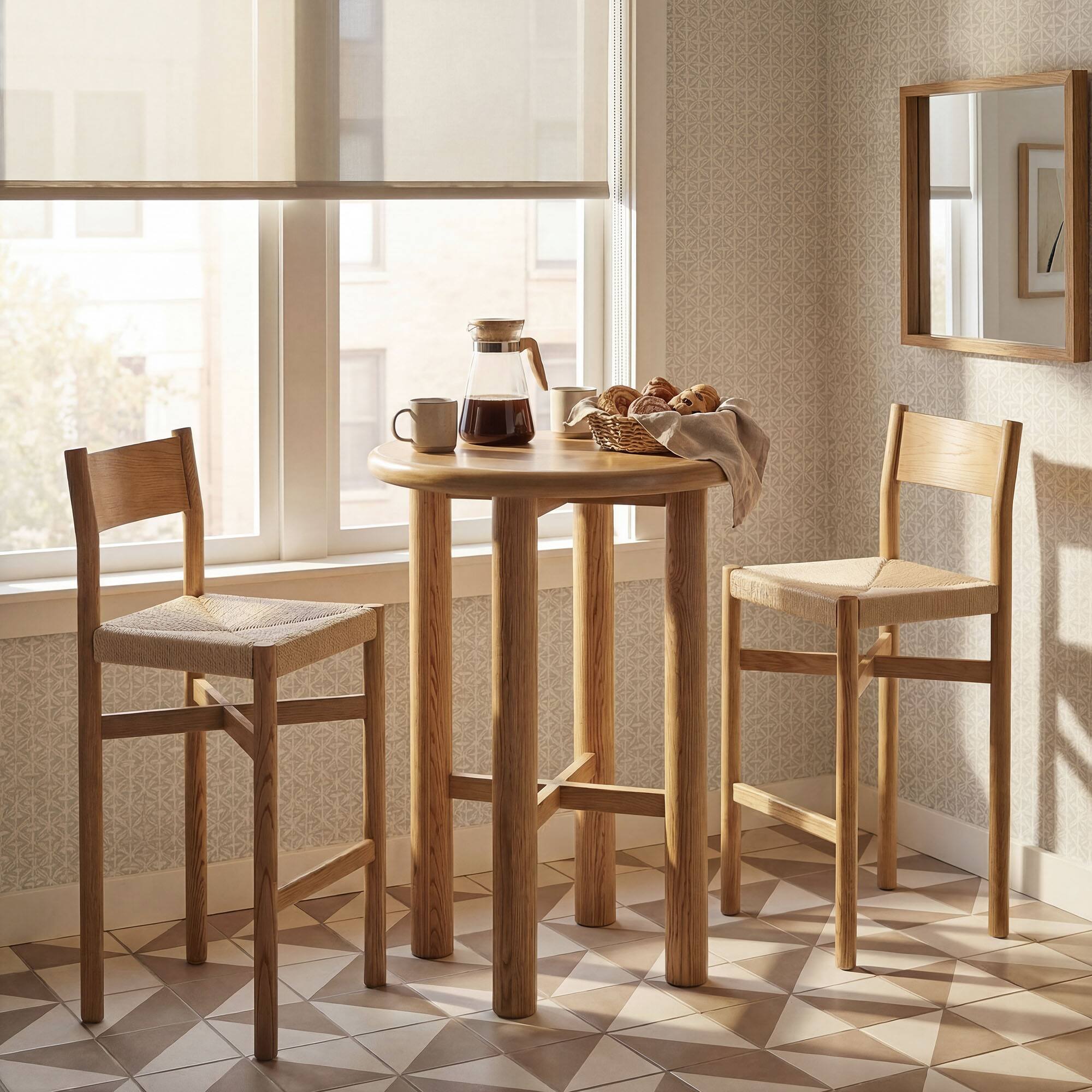 Alt View 1. Modway - Alvia 3-Piece Round Oak Wood Bar Table With Bar Stools Set by Modway - Weathered Oak.