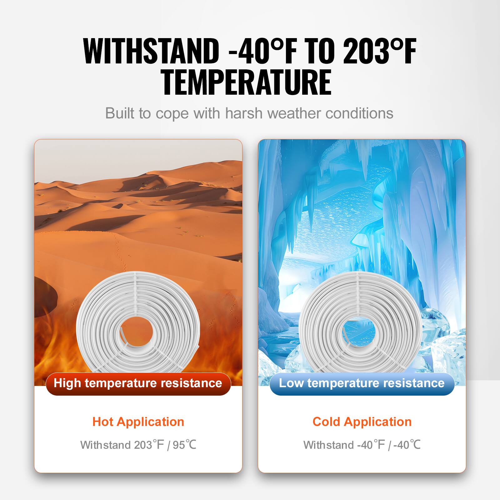 WITHSTAND -40°F TO 203°F TEMPERATURE  
Built to cope with harsh weather conditions  

High temperature resistance  
Hot Application  
Withstand 203°F / 95°C  

Low temperature resistance  
Cold Application  
Withstand -40°F / -40°C