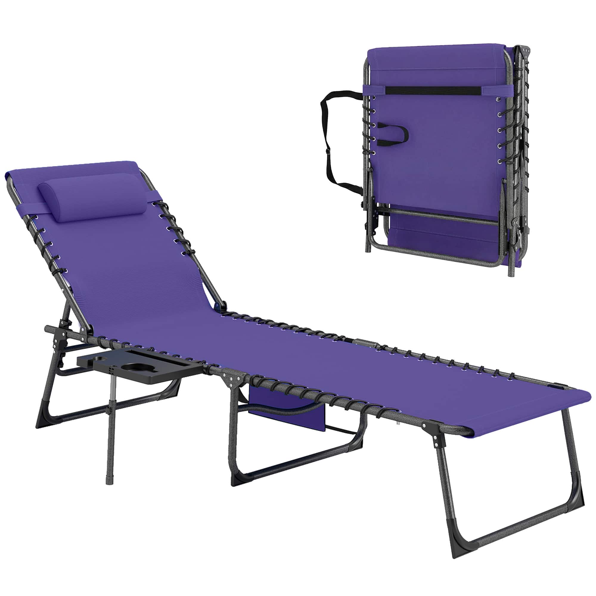 Outsunny - Folding Chaise Lounge Chair Outdoor Tanning Chair with Side Table, 5-Level Adjustable Beach Lounge Chair with Headrest - Purple