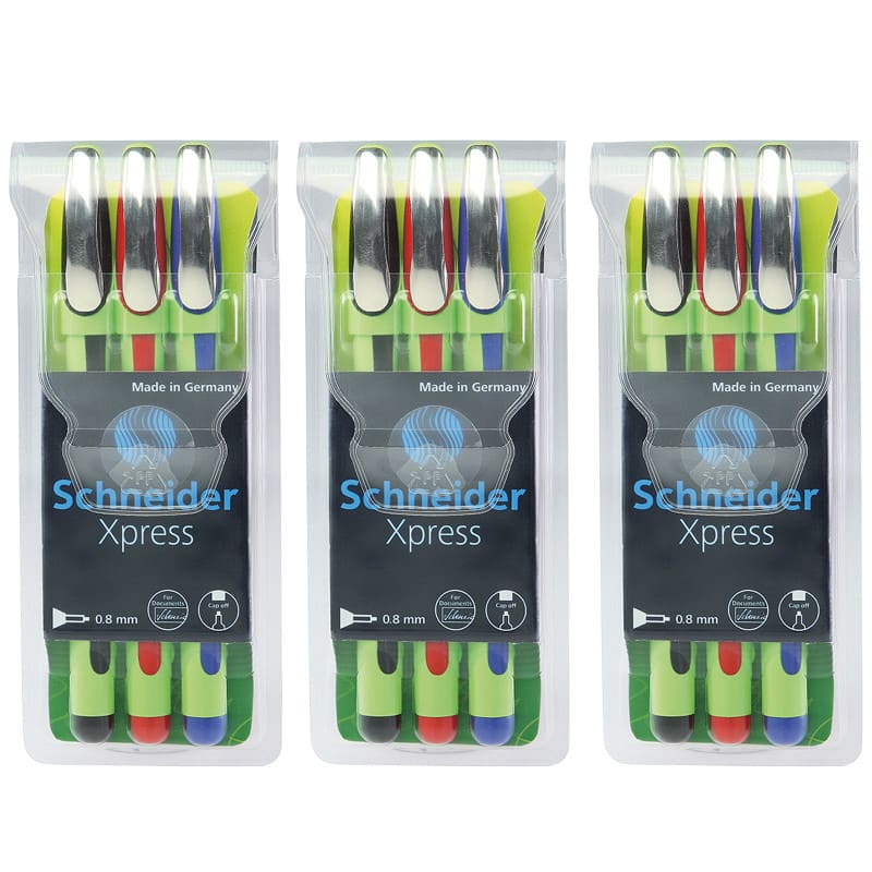 Schneider - Xpress Fineliner Pen, Fiber Tip, 0.8 mm, 3 Colors Per Pack, 3 Packs