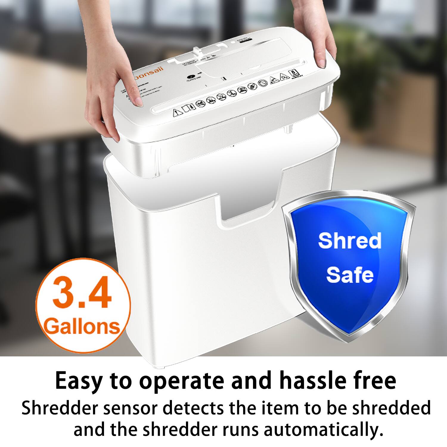 bonsaii A B 3.4 Gallons Shred Safe Easy to operate and hassle free Shredder sensor detects the item to be shredded and the shredder runs automatically.