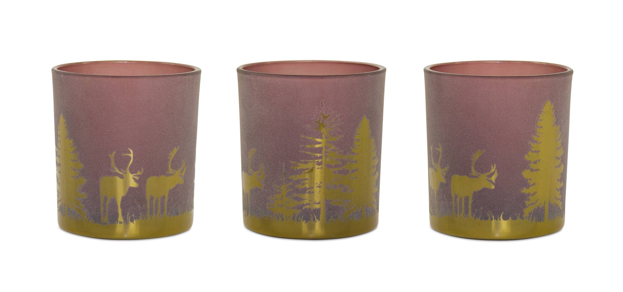 Front. BreeBe - Glass Tea Light Holder with Woodland Scene (Set of 3) - Red, Gold.