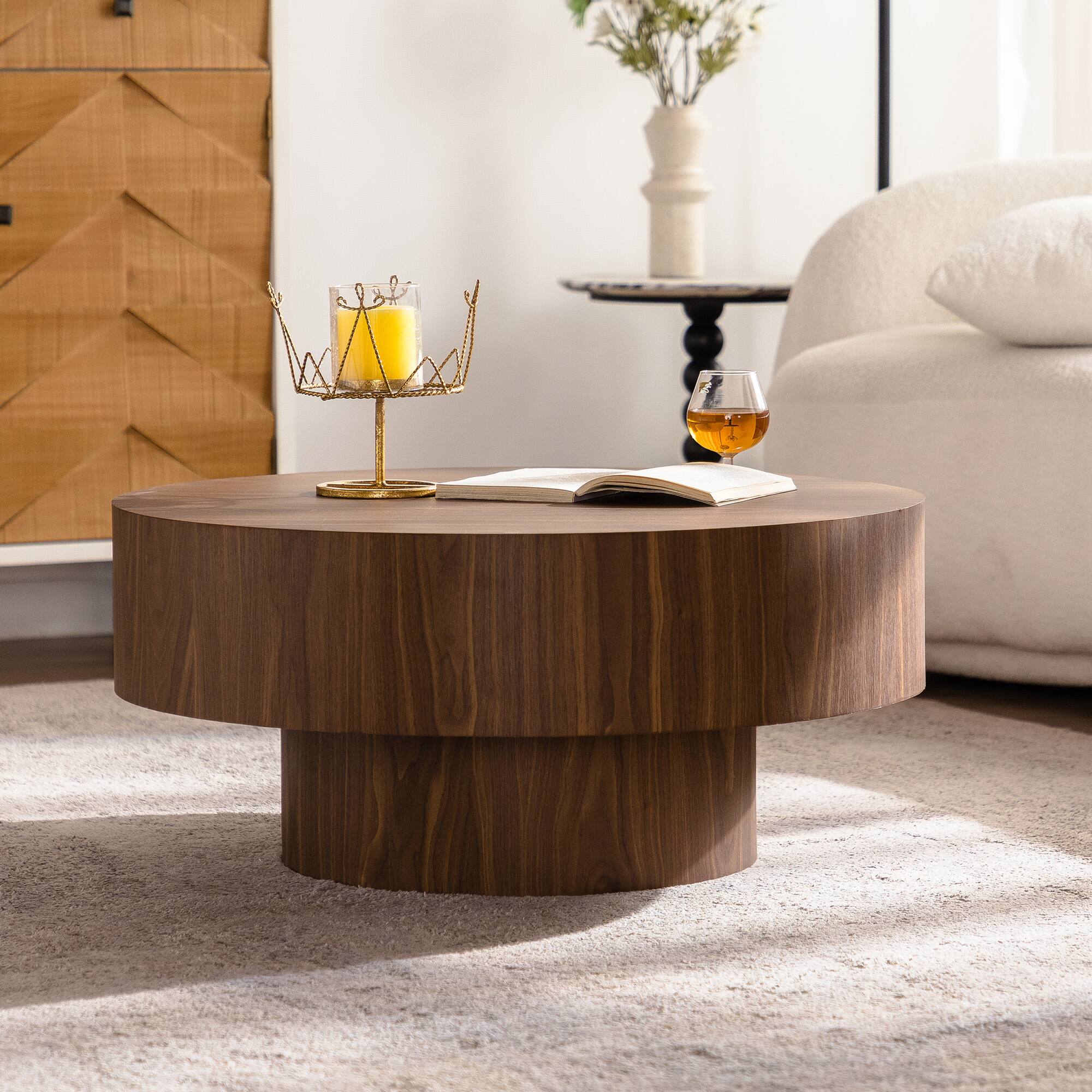Left. APRILSOUL - Round Wood Coffee Table Living Room Walnut Bedroom Office - White.
