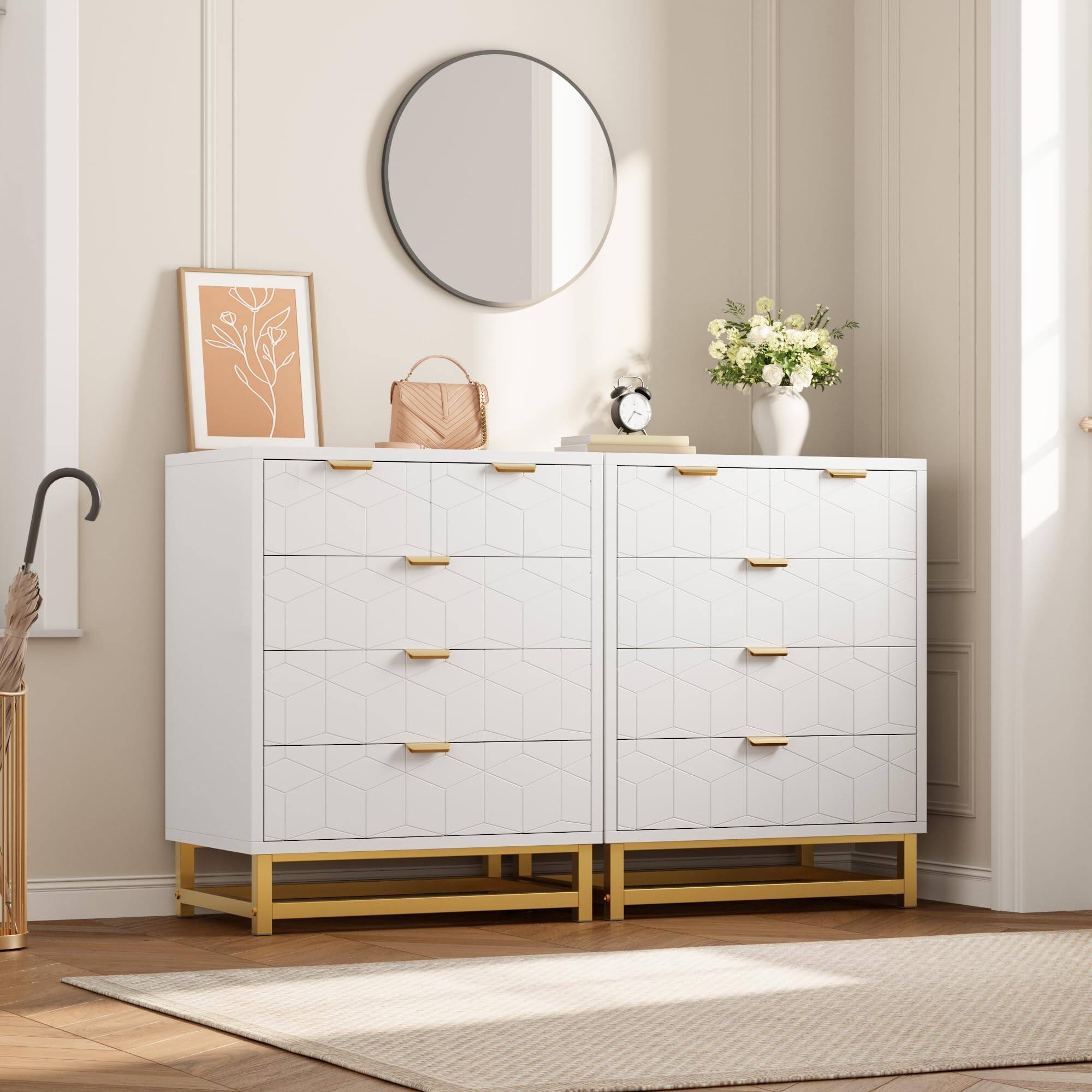 Left. Babevy - Modern 5-Drawer Dresser with Gold Handles, Wooden Chest for Bedroom or Living Room - White.