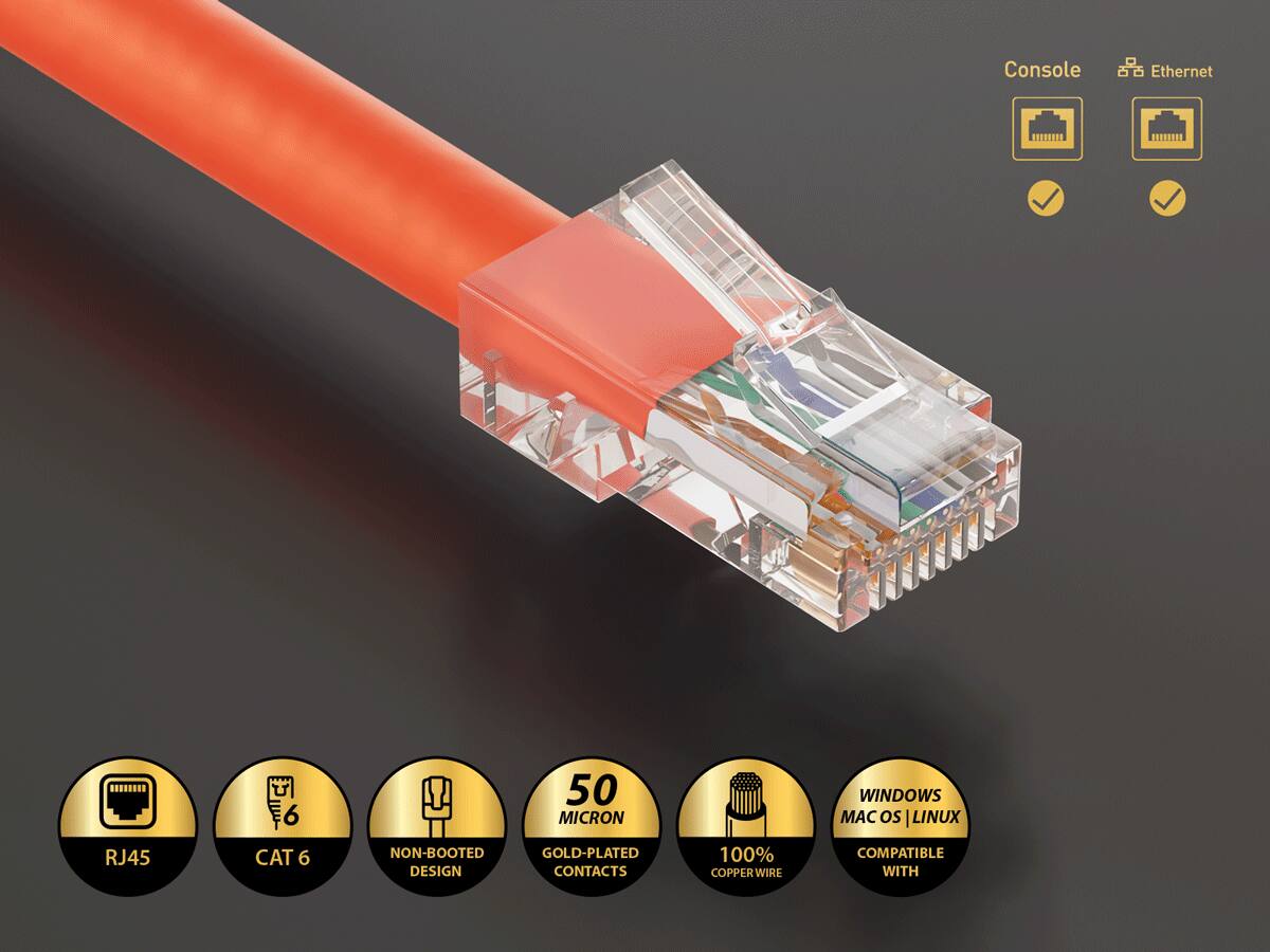 Console  
Ethernet  
RJ45  
6 CAT 6  
NON-BOOTED DESIGN  
50 MICRON GOLD-PLATED CONTACTS  
100% COPPER WIRE  
WINDOWS MAC OS | LINUX COMPATIBLE WITH