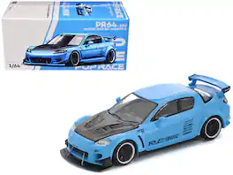 Mazda RX8 RE-Amemiya Widebody RHD (Right Hand Drive) Light Blue with Carbon Hood 1/64 Die Cast Model Car by Pop Race
