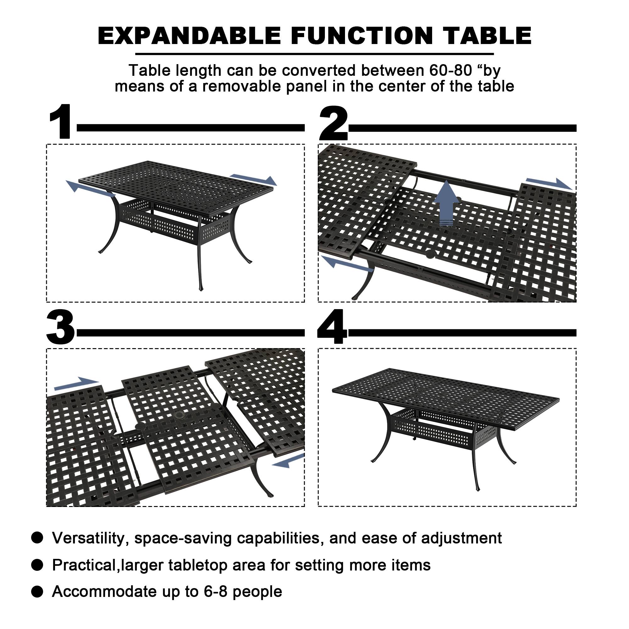 EXPANDABLE FUNCTION TABLE

Table length can be converted between 60-80" by means of a removable panel in the center of the table

1

2

3

4

- Versatility, space-saving capabilities, and ease of adjustment
- Practical, larger tabletop area for setting more items
- Accommodate up to 6-8 people