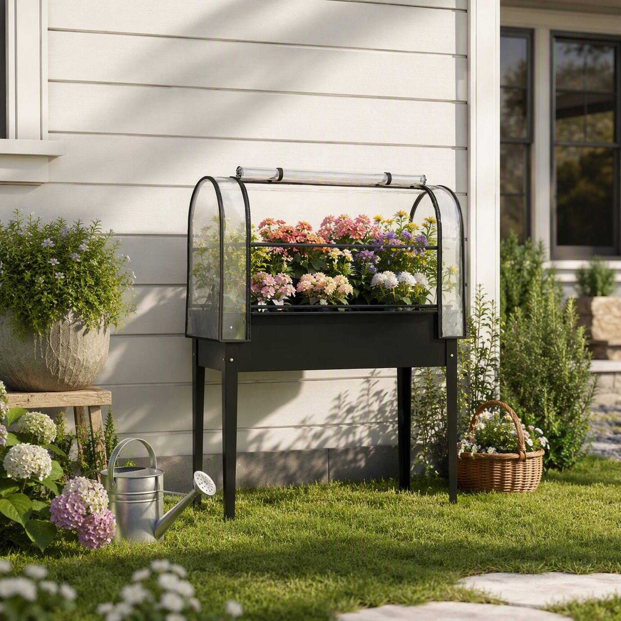 Angle. RYHNUYNE - Raised Garden Bed with Mini Greenhouse Cover, 39.4x19.3x53.5 Inch Elevated Planter Box on Legs, 26 Gallon Metal - Black.