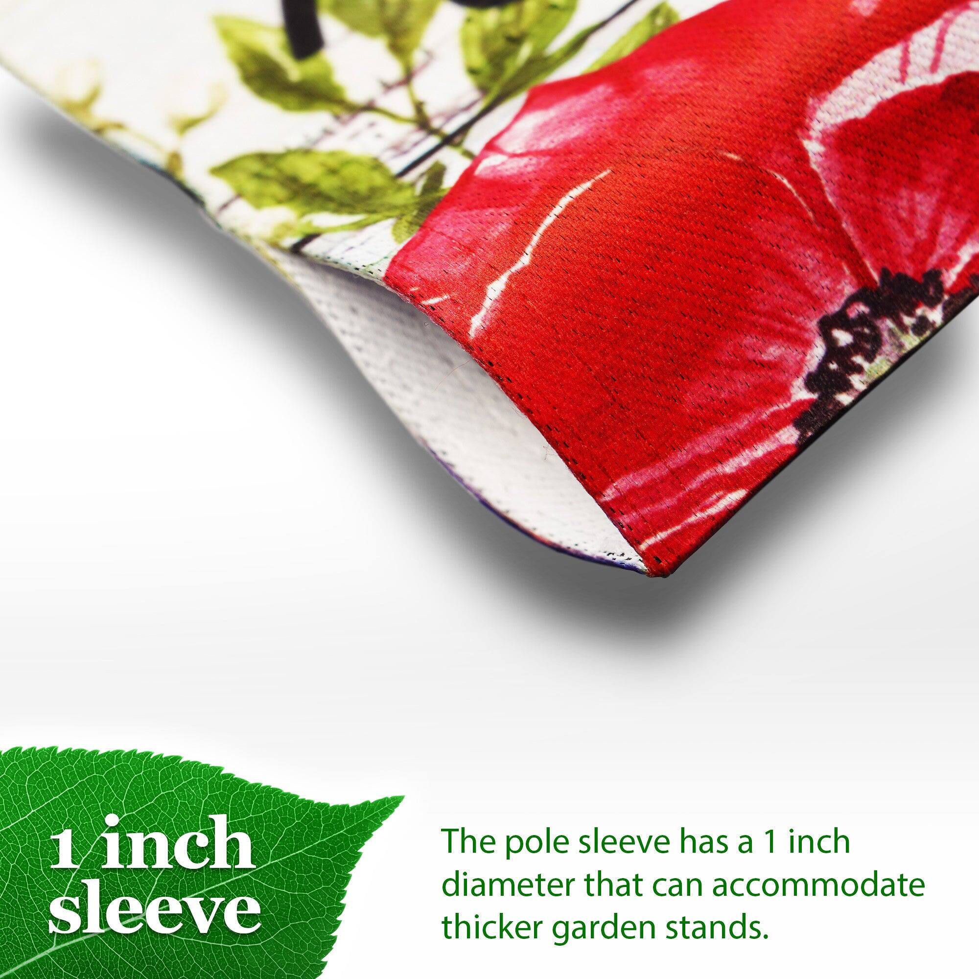 1 inch sleeve

The pole sleeve has a 1 inch diameter that can accommodate thicker garden stands.