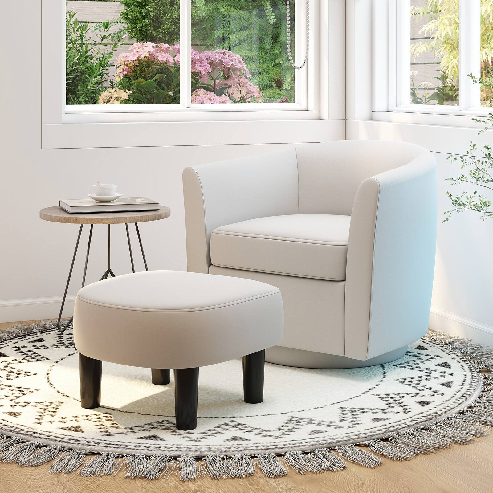 Alt View 1. Costway - Costway Swivel Barrel Chair with Ottoman Footrest Curved Backrest & Armrests Living Room Creamy - Creamy White.