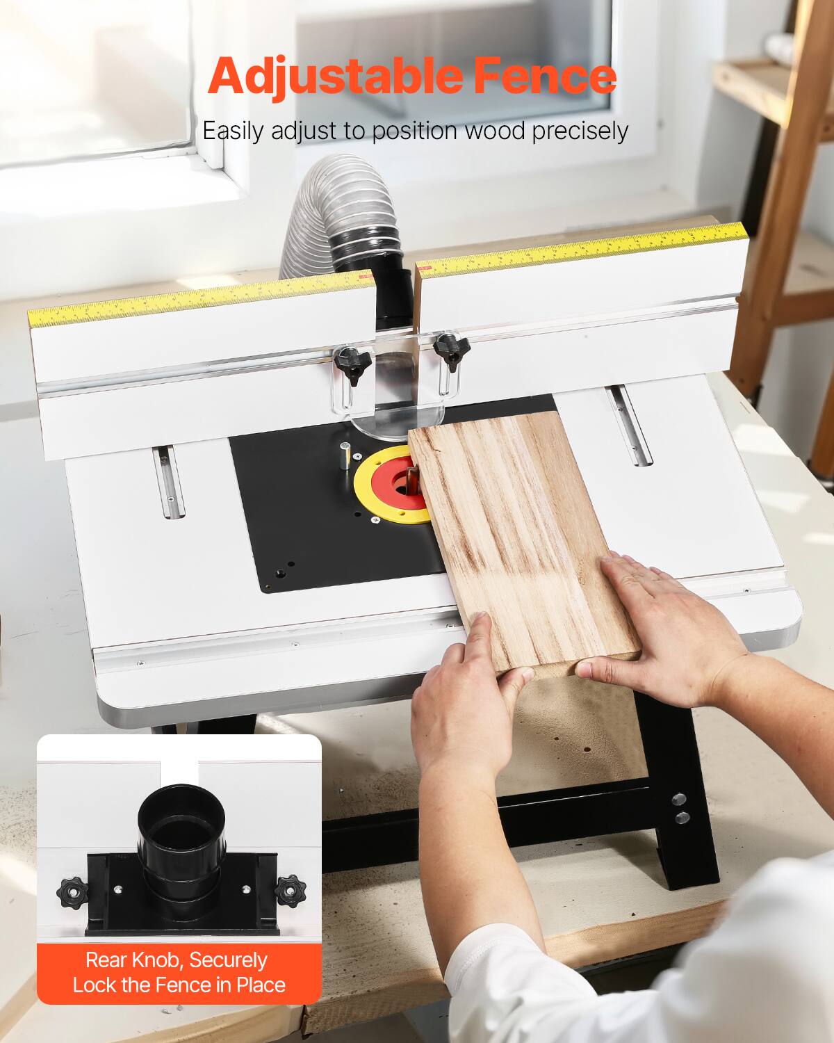 Adjustable Fence  
Easily adjust to position wood precisely  

Rear Knob, Securely Lock the Fence in Place