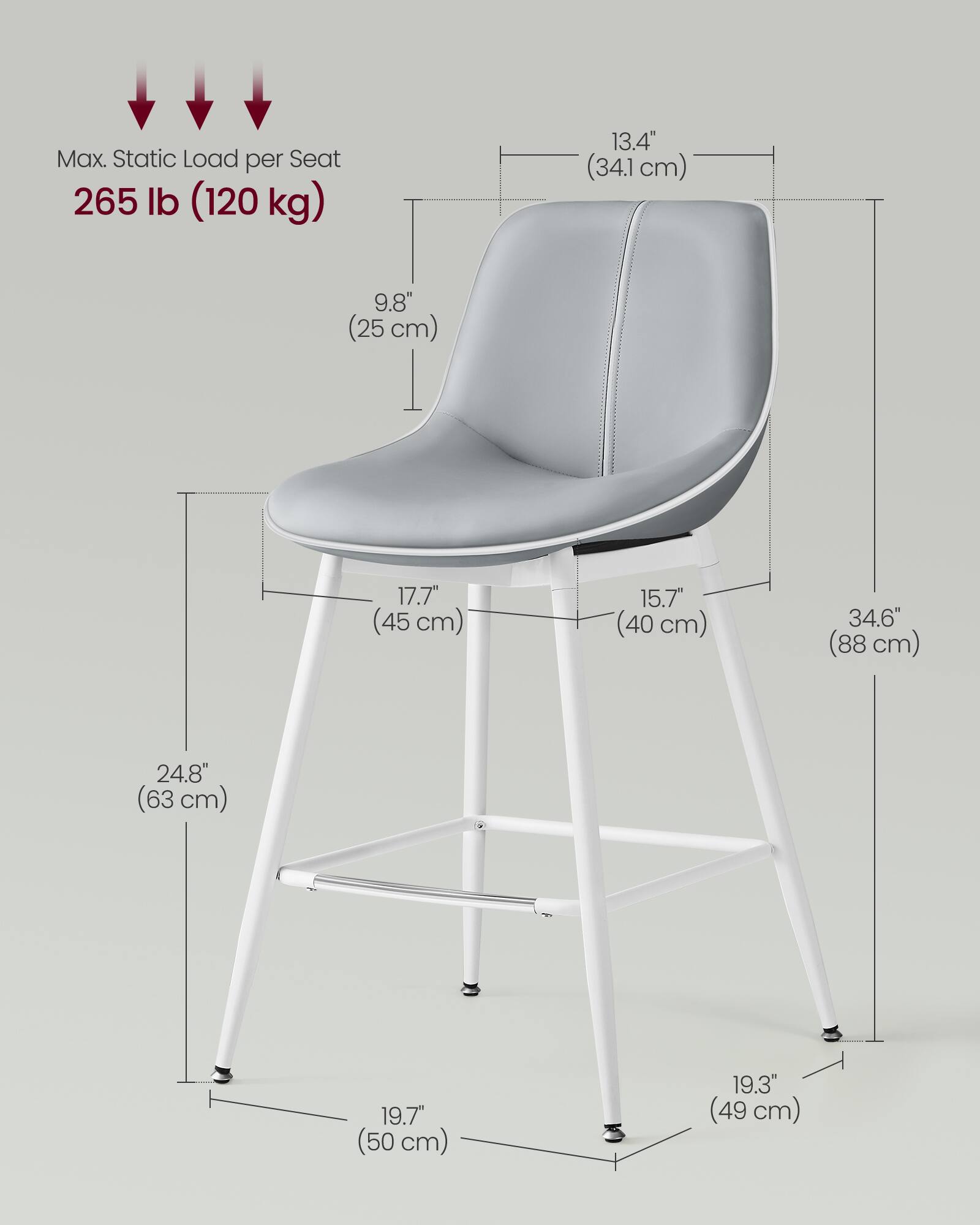 Max. Static Load per Seat: 265 lb (120 kg)

- 13.4" (34.1 cm)
- 9.8" (25 cm)
- 17.7" (45 cm)
- 15.7" (40 cm)
- 34.6" (88 cm)
- 24.8" (63 cm)
- 19.7" (50 cm)
- 19.3" (49 cm)