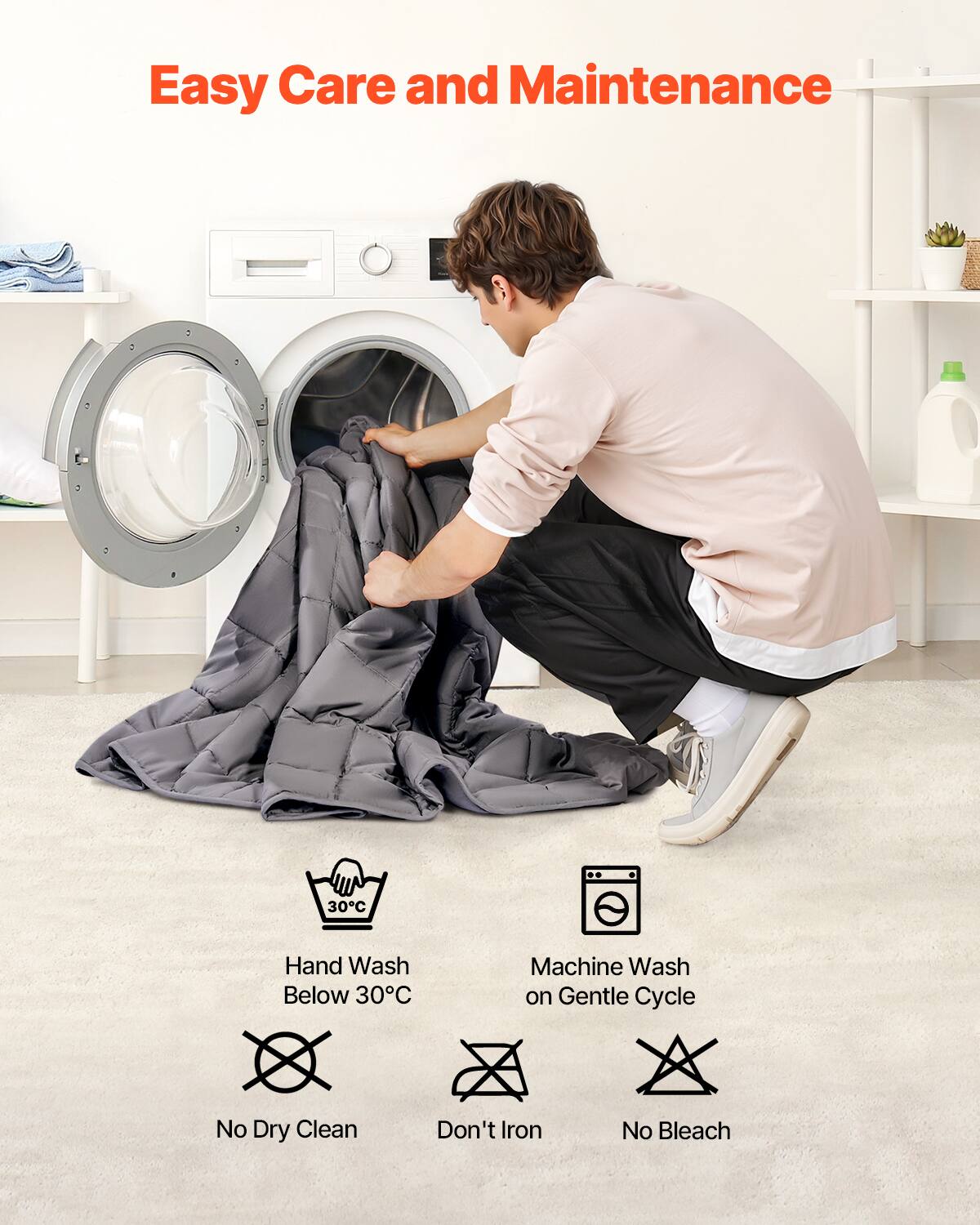 Easy Care and Maintenance

- Hand Wash Below 30°C
- Machine Wash on Gentle Cycle
- No Dry Clean
- Don't Iron
- No Bleach