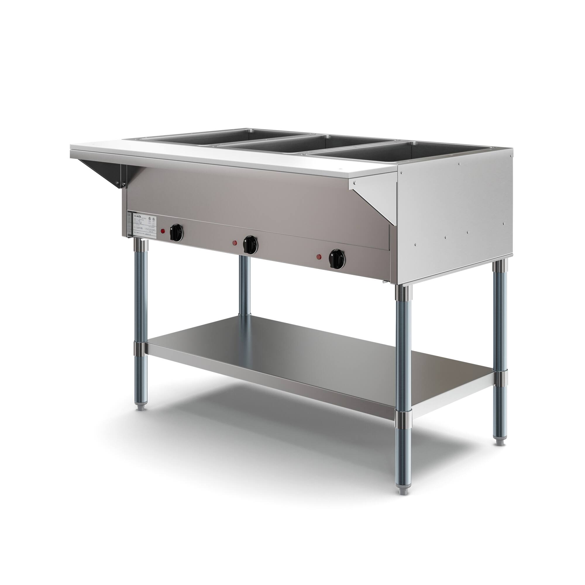 Back. Koolmore - Three Pan Open Well Electric Steam Table with Undershelf, KM-OWS-3. - Silver.