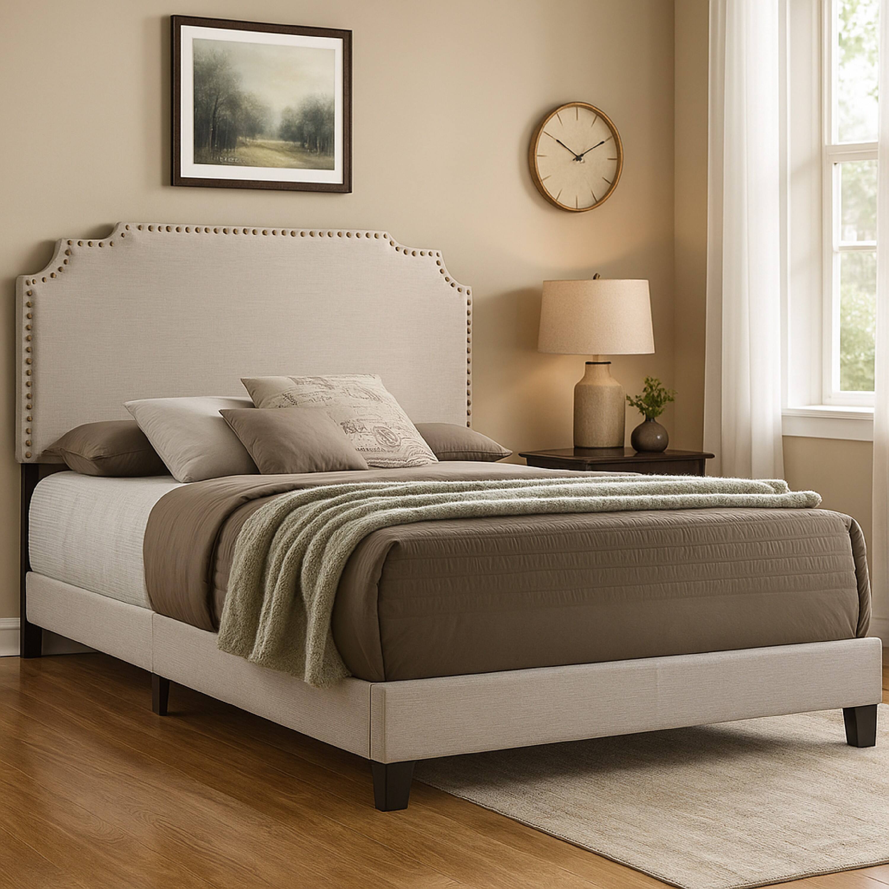Alt View 5. Manhattan Lane - Fabric Upholstered Wooden Queen Size Bed with Nailhead Trims - Beige.