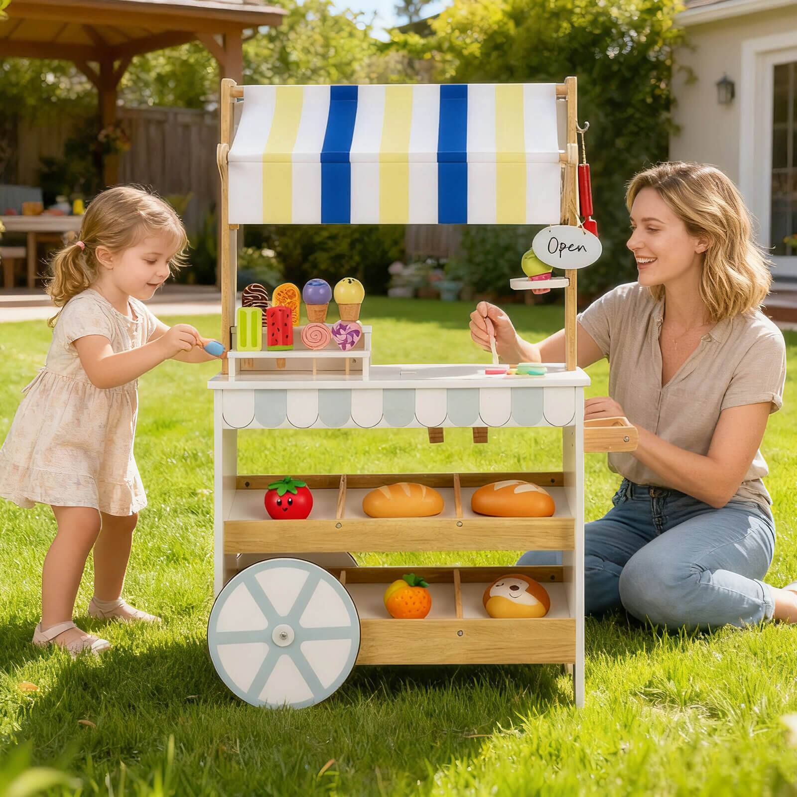 Alt View 3. Costway - Costway Wooden Ice Cream Cart for Kids 2-in-1 Grocery Store Playset with Display Shelves - Multicolour.
