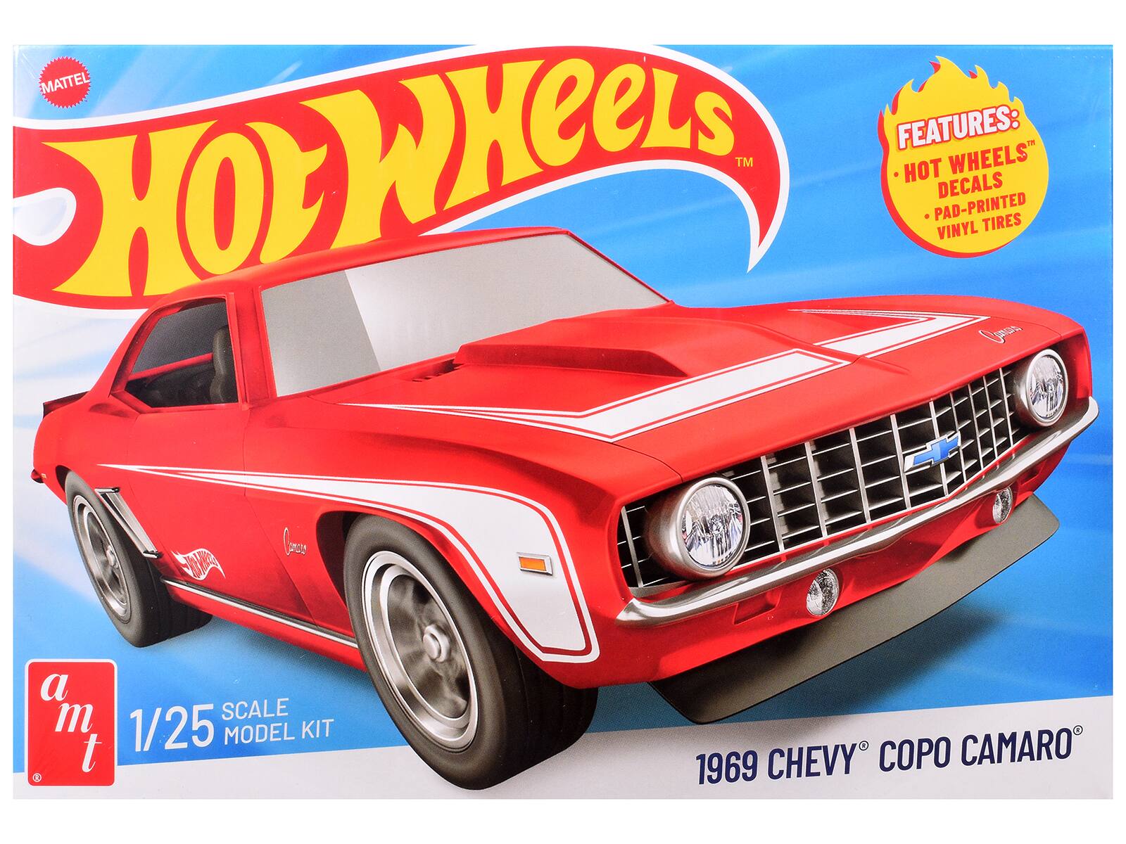 MATTEL FEATURES: 1 HOT WHEELS™ DECALS PAD-PRINTED VINYL TIRES 1/25 SCALE MODEL KIT 1969 CHEVY® COPO CAMARO
