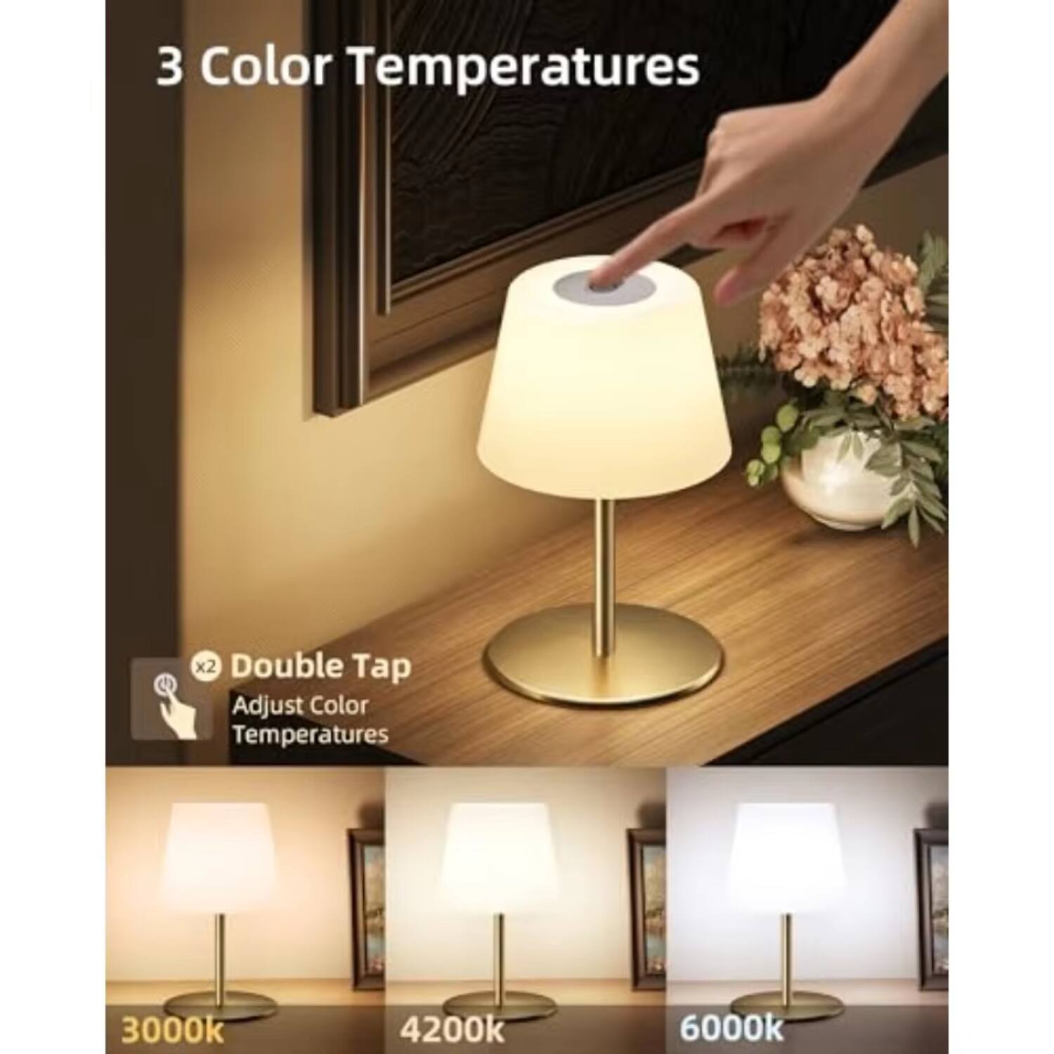 3 Color Temperatures

Double Tap x2
Adjust Color Temperatures

3000k
4200k
6000k