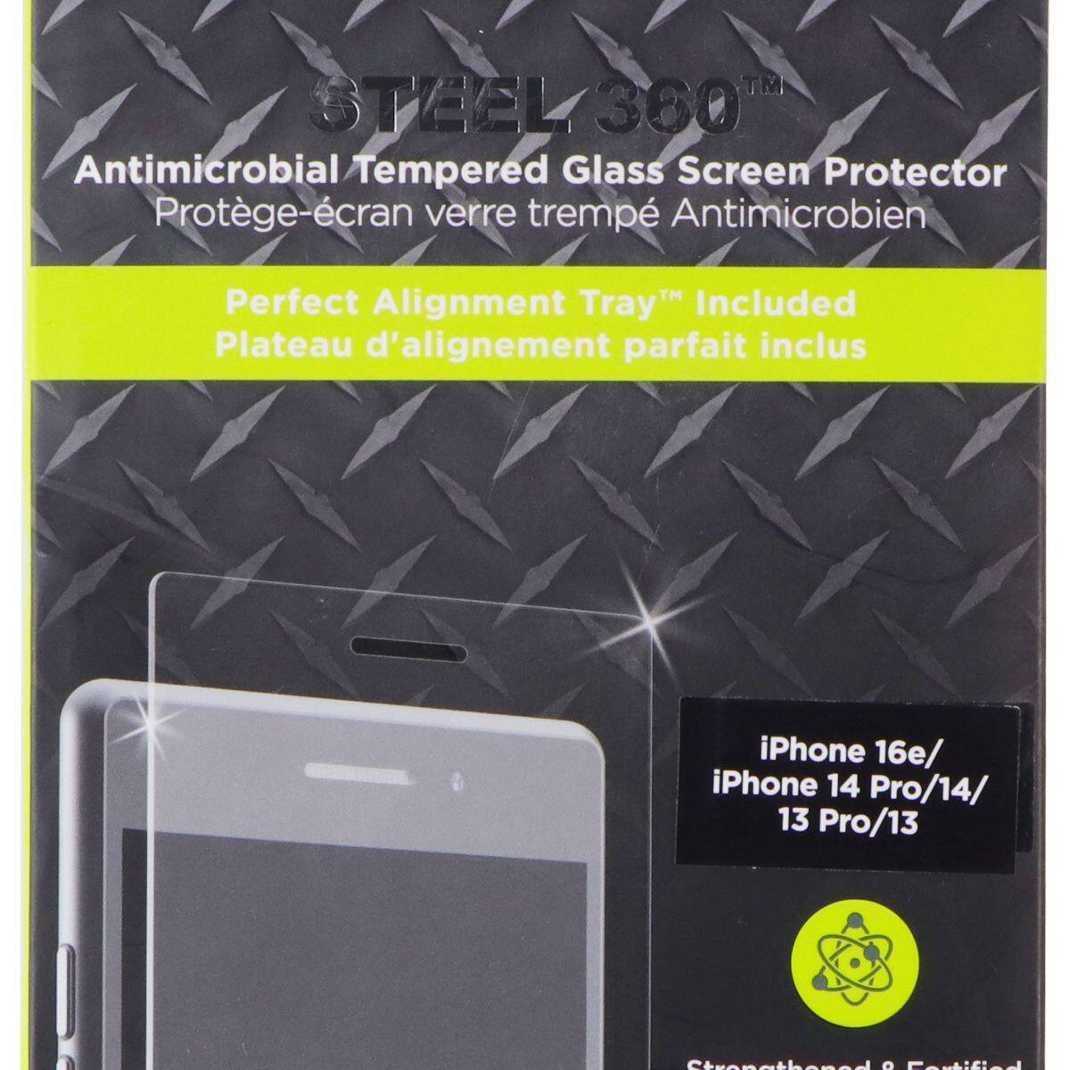 TM STEEL/360 360T Antimicrobial Tempered Glass Screen Protector  
Protège-écran verre trempé Antimicrobien  
Perfect Alignment Tray Included  
Plateau d'alignement parfait inclus  
iPhone 16e/ iPhone 14 Pro/14/ 13 Pro/13