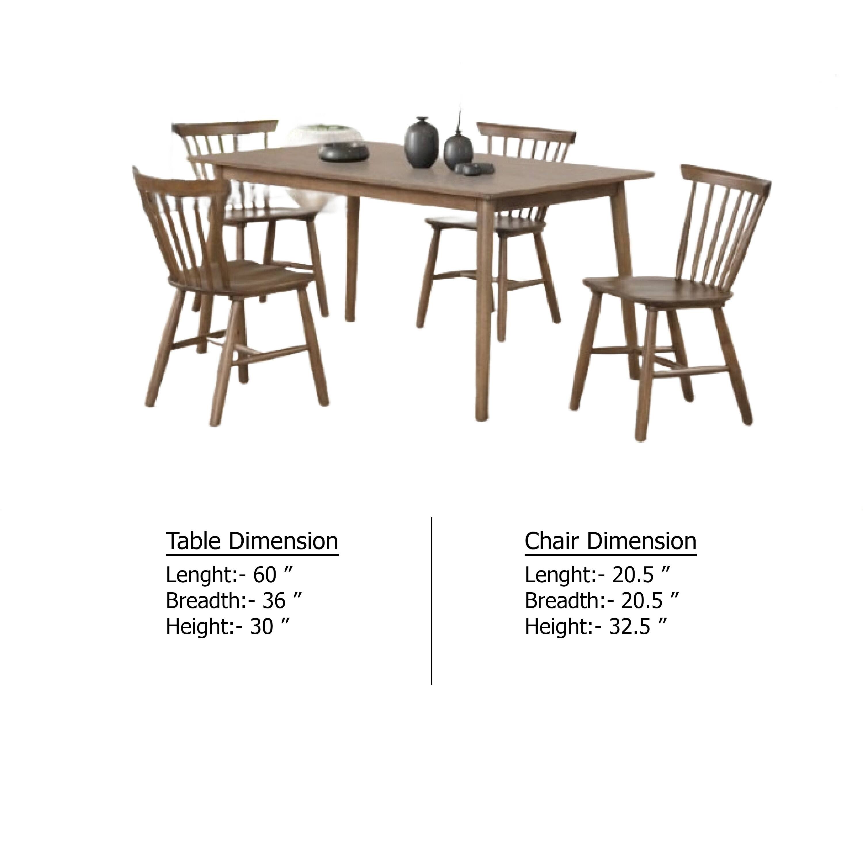 Table Dimension  
Length: 60"  
Breadth: 36"  
Height: 30"  

Chair Dimension  
Length: 20.5"  
Breadth: 20.5"  
Height: 32.5"