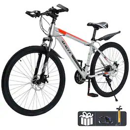 Topteng - 26" Mountain Bike for Adult - 27-Speed, High-Carbon Steel, Suspension Fork, Dual Disc Brakes for Men/Women - Silver