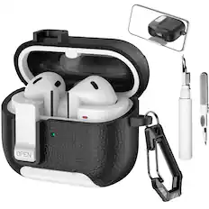 Front. Dteck - Case for Samsung Galaxy Buds 3/3 Pro/3 FE with Phone Holder & Keychain,Leather Texture Earbuds Cover for Man Women - Whiteblack.