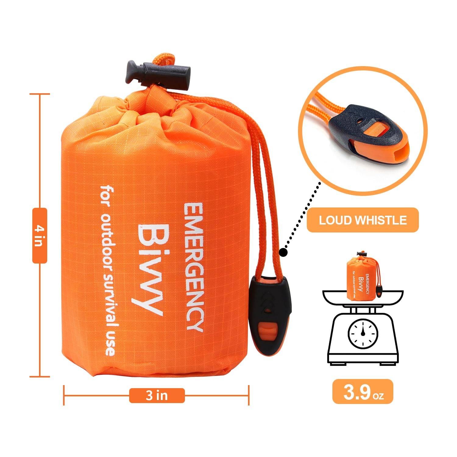 4 in for outdoor survival use  
Bivvy EMERGENCY  
3 in  
LOUD WHISTLE  
3.9 oz