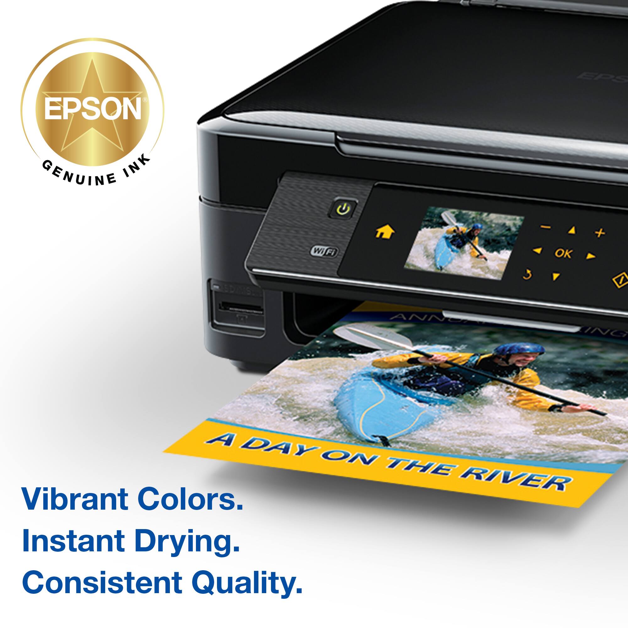 EPSON EPS GENUINE INK G WiFI 3 - OK + I A DAY ON THE RIVER Vibrant Colors. Instant Drying. Consistent Quality.