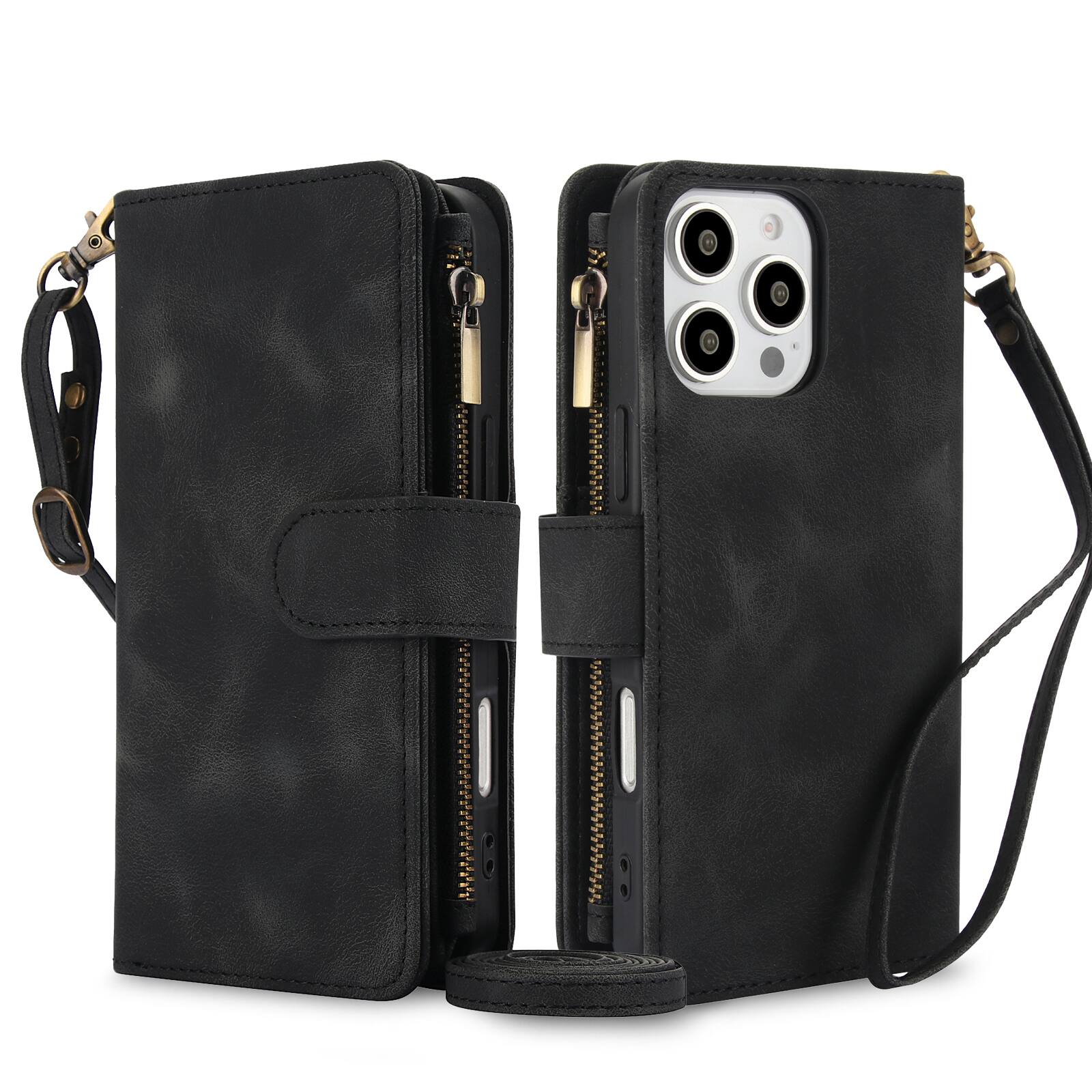 Front. Dteck - Dteck RFID Blocking Zipper Wallet Pocket 9 Cards For Apple iPhone 16 Pro Max PU Leather Stand Crossbody Strap Cover - Black.