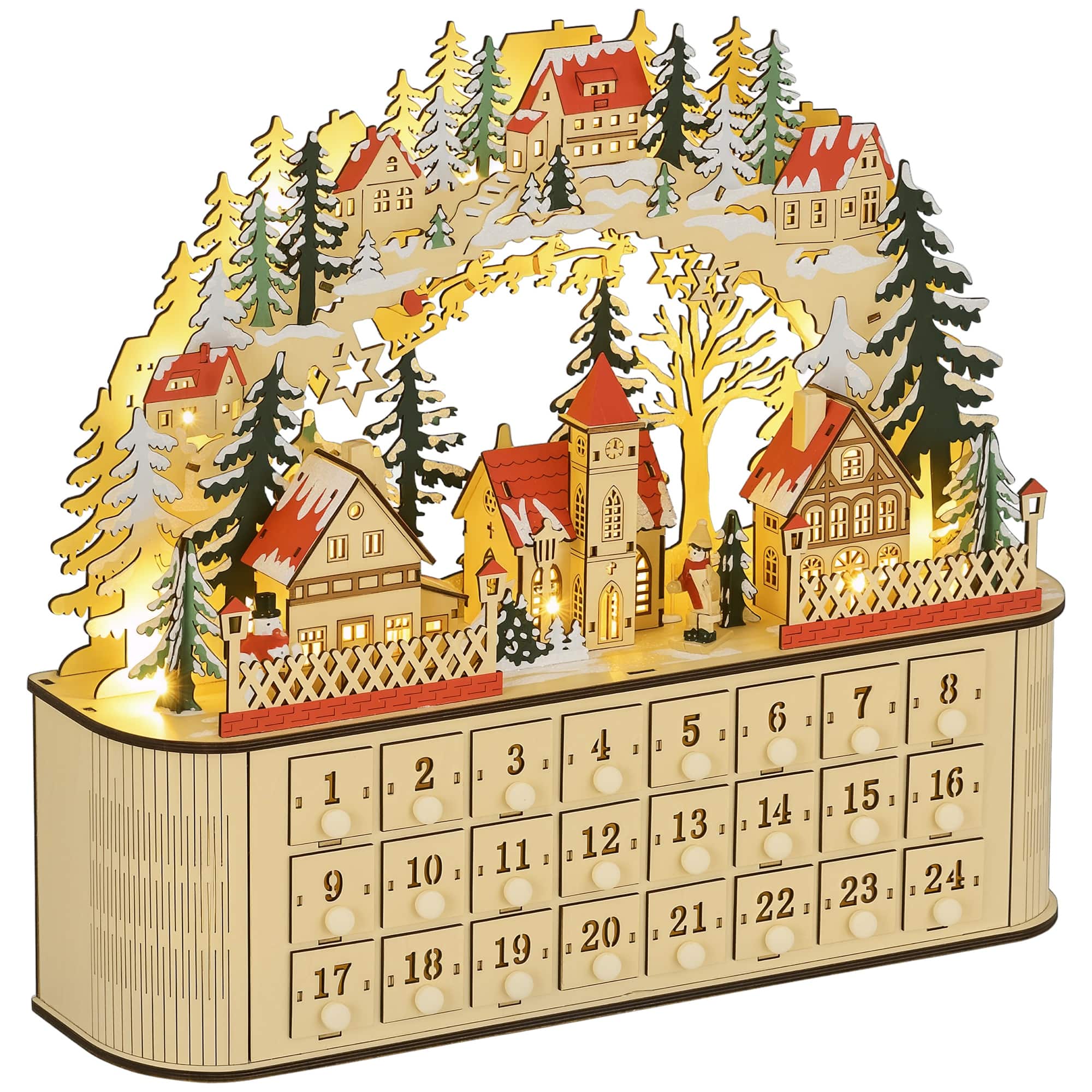 Homcom - Wooden Christmas Advent Calendar, Light Up Table Decor w/ 24 Countdown Drawers & LEDs - Natural Wood