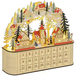 Homcom - Wooden Christmas Advent Calendar, Light Up Table Decor w/ 24 Countdown Drawers & LEDs - Natural Wood
