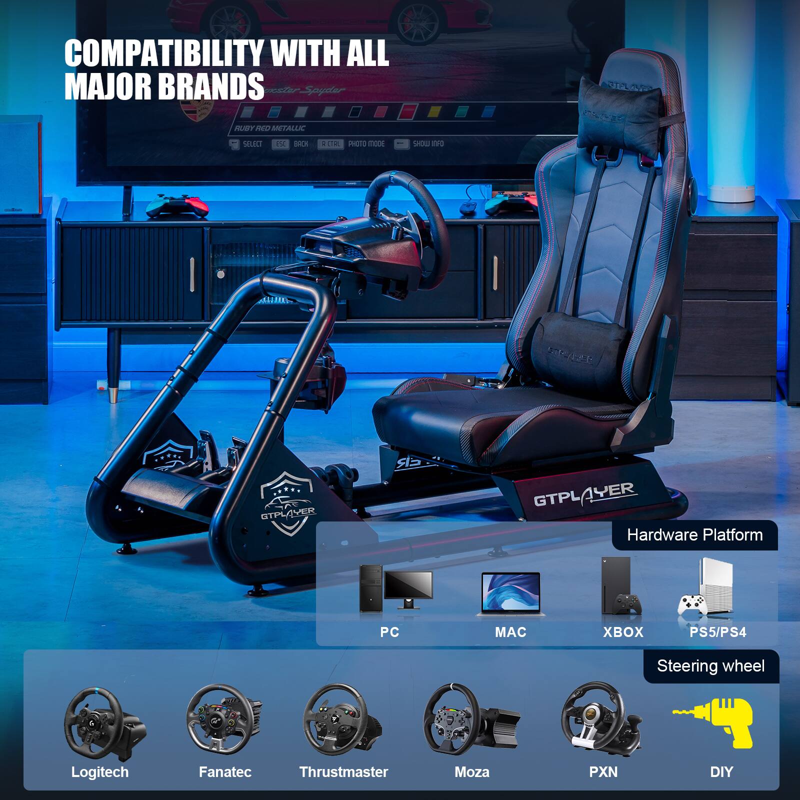 Compatibility with all major brands: Logitech, Saeo, Ruby, Fed, RedMetallic, SAEO, CA, R, PHOTO, MOOE, HOU, EF0, ILH, STPLAVER, GTPL ER, GTPL 1YER, Hardware Platform (PC, MAC, XBOX, PS5/PS4), Steering wheel (Logitech, Fanatec, Thrustmaster, Moza, PXN, DIY).