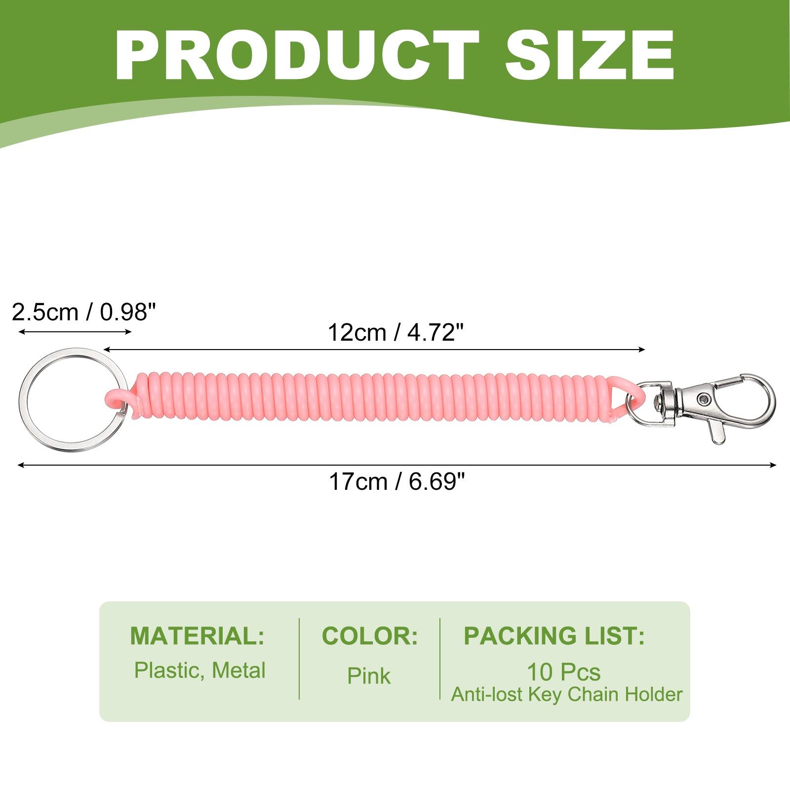 PRODUCT SIZE  
2.5cm / 0.98"  
12cm / 4.72"  
17cm / 6.69"  

MATERIAL:  
Plastic, Metal  

COLOR:  
Pink  

PACKING LIST:  
10 Pcs Anti-lost Key Chain Holder