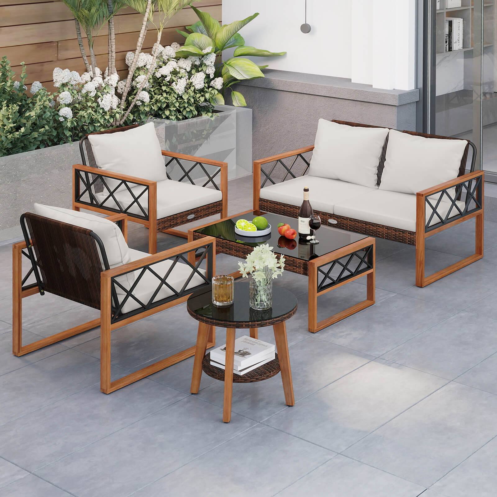 Alt View 4. Costway - Costway 5 PCS PE Wicker Patio Furniture Set with Acacia Wood Frame Cushions for Deck Garden - Mix Brown,Off-White.