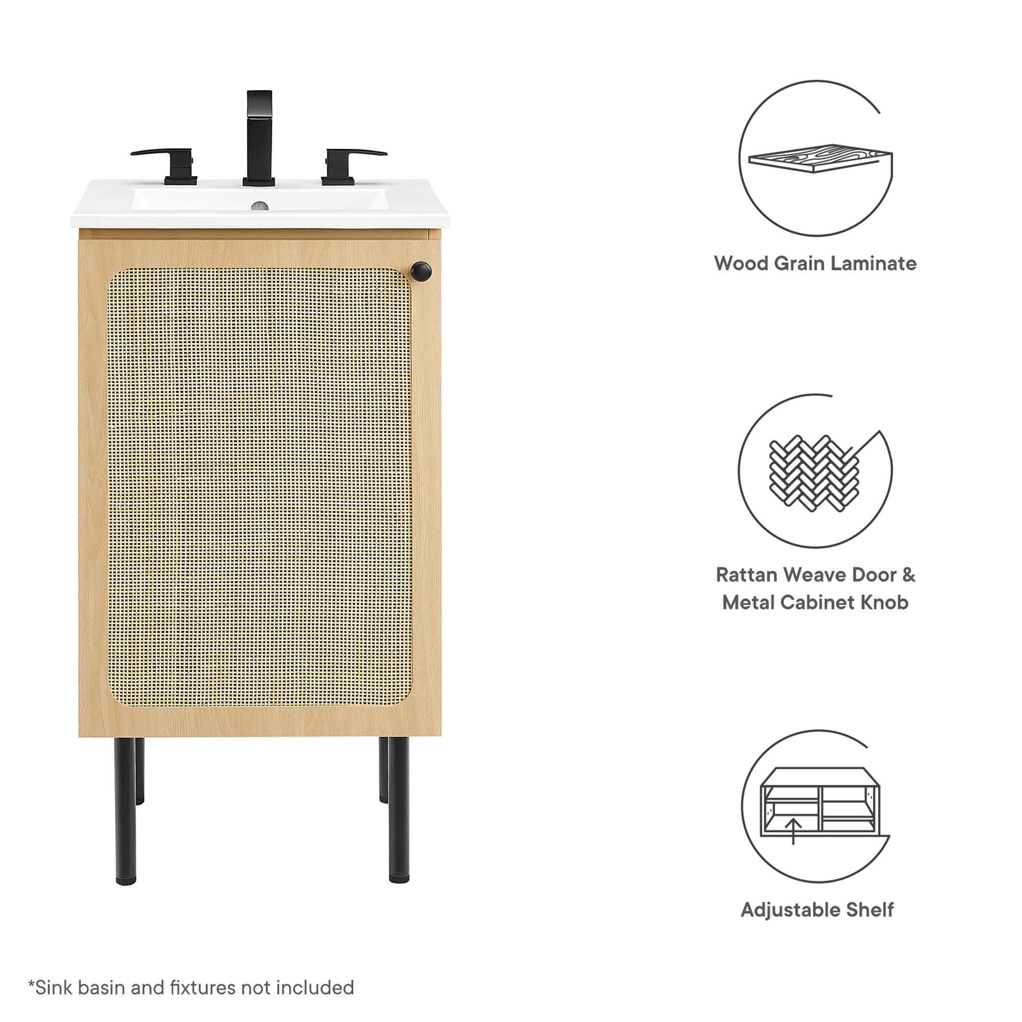 Wood Grain Laminate Rattan Weave Door & Metal Cabinet Knob Adjustable Shelf  
*Sink basin and fixtures not included