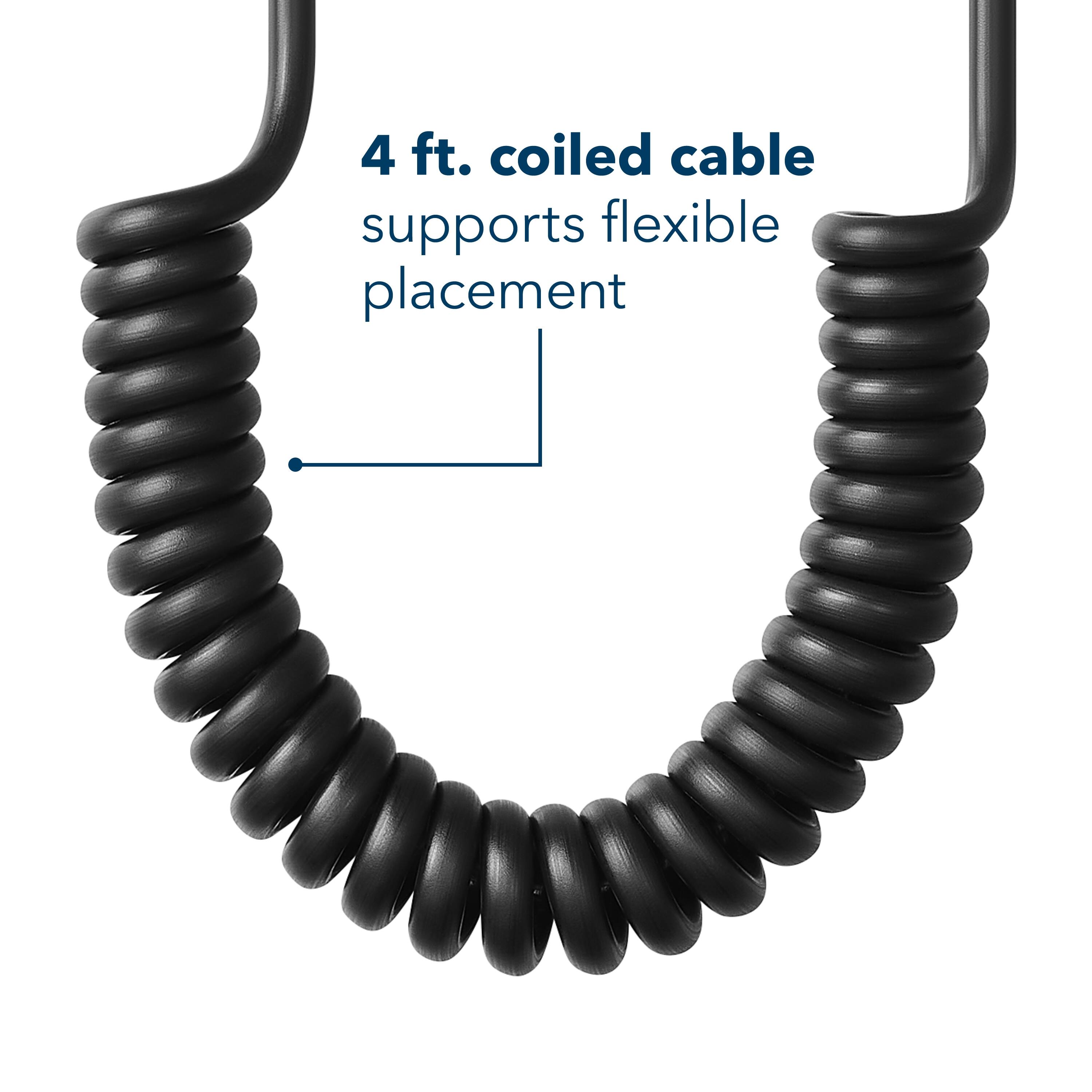 The text on the image reads "4 ft. coiled cable supports flexible placement."