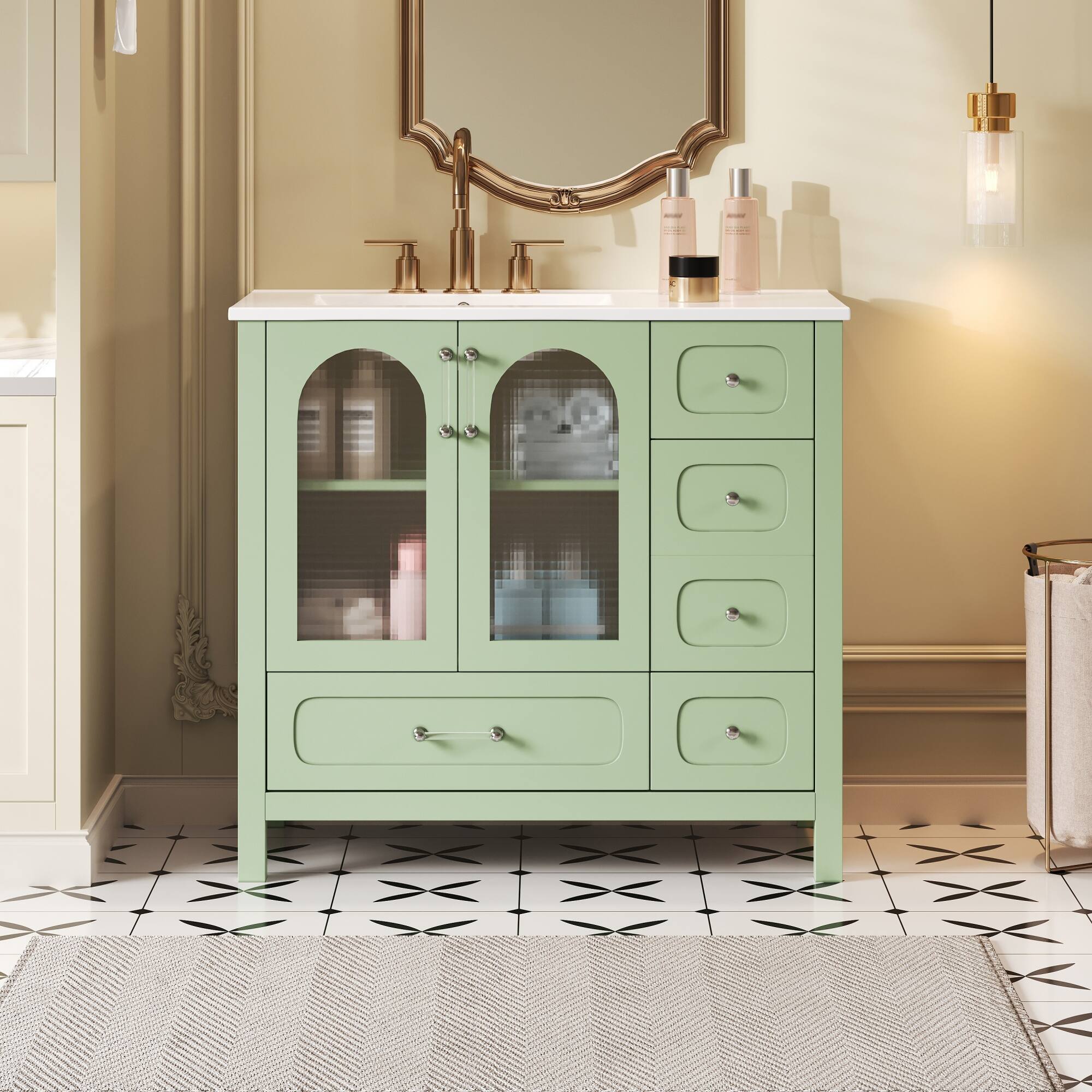 Alt View 1. Glintex - 36" Bathroom Vanity with Sink, Waffle Texture Doors, 4 Drawers, 2 Soft-Close Doors, Glass Storage Cabinet - Green.
