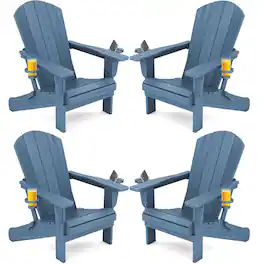 SERWALL - Adirondack Chairs Set of 4 with Cup Holders,Composite Adirondack Chairs,HDPE Outdoor Chairs - Blue