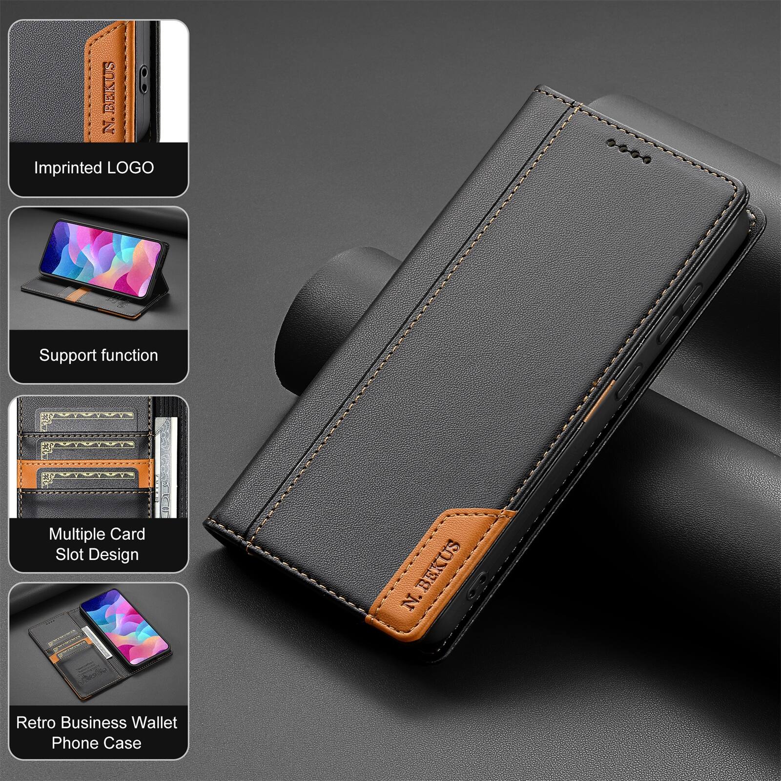 BEKUS N. Imprinted LOGO .... Support function Multiple Card Slot Design BEKUS N. Retro Business Wallet Phone Case