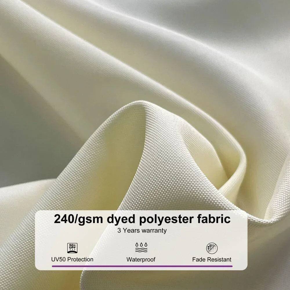 240/gsm dyed polyester fabric  
3 Years warranty  
50+ UPP  
UV50 Protection  
Waterproof  
Fade Resistant