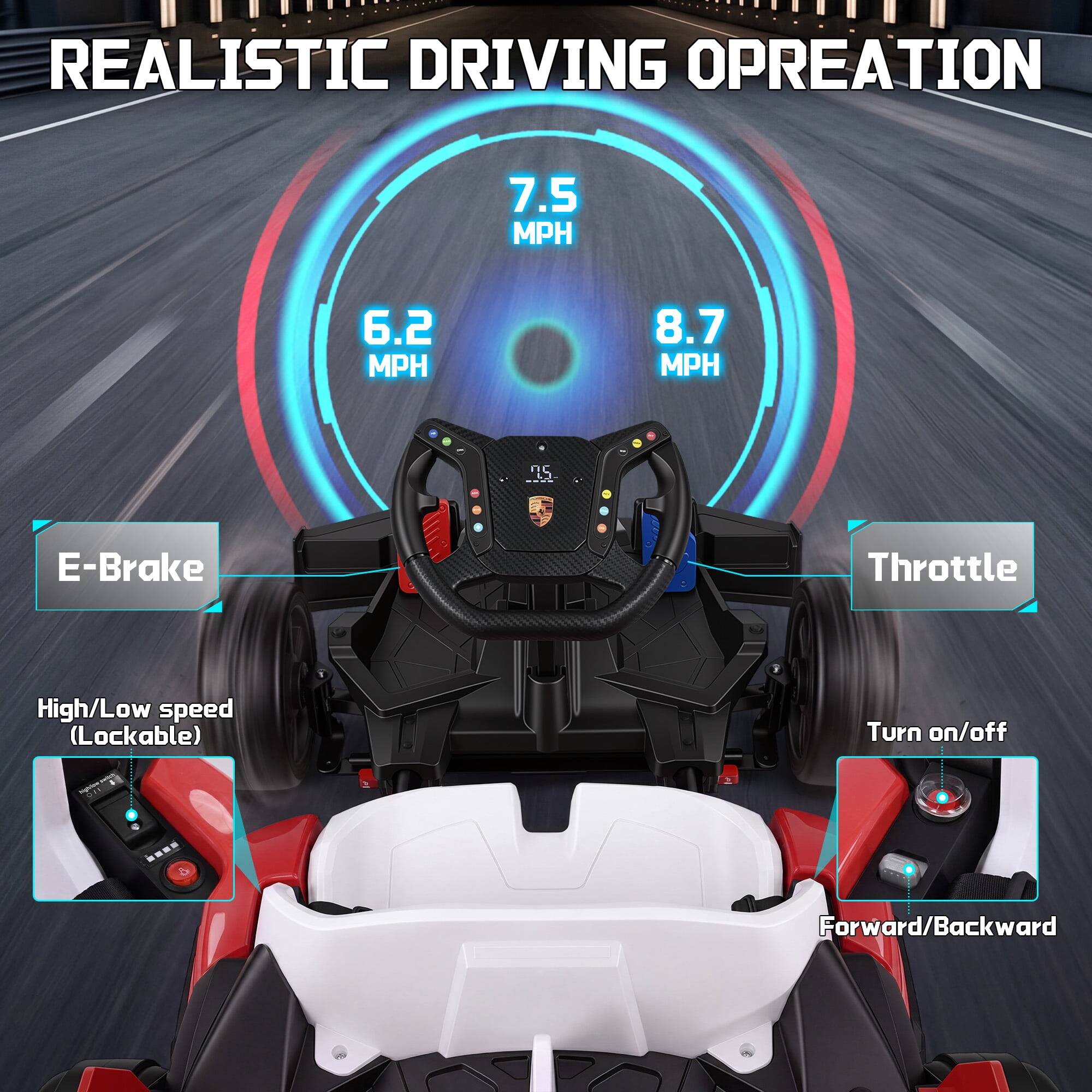 REALISTIC DRIVING OPERATION

7.5 MPH  
6.2 MPH  
8.7 MPH  

E-Brake  
Throttle  
High/Low speed (Lockable)  
Turn on/off  
Forward/Backward