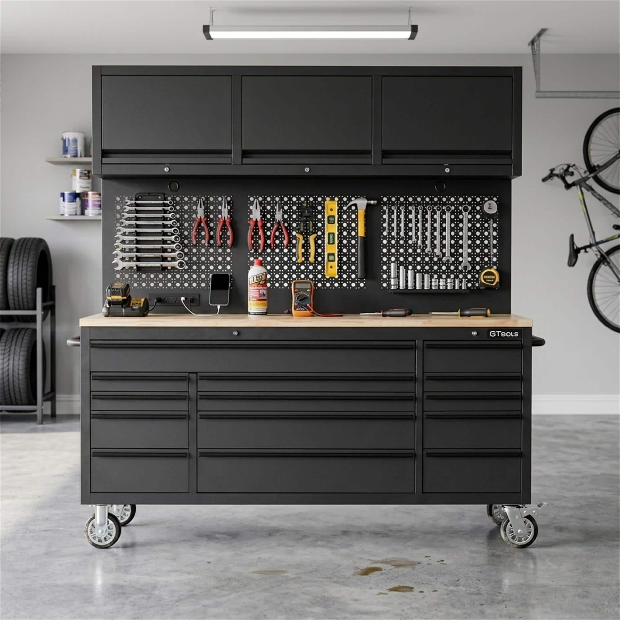 Boyel Living - Overhead Pro 72 inch Rolling Tool Chest 79 inch Tall 14 Drawers 3 Overhead Cabinets Pegboard Power Strip