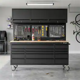 Boyel Living - Overhead Pro 72 inch Rolling Tool Chest 79 inch Tall 14 Drawers 3 Overhead Cabinets Pegboard Power Strip