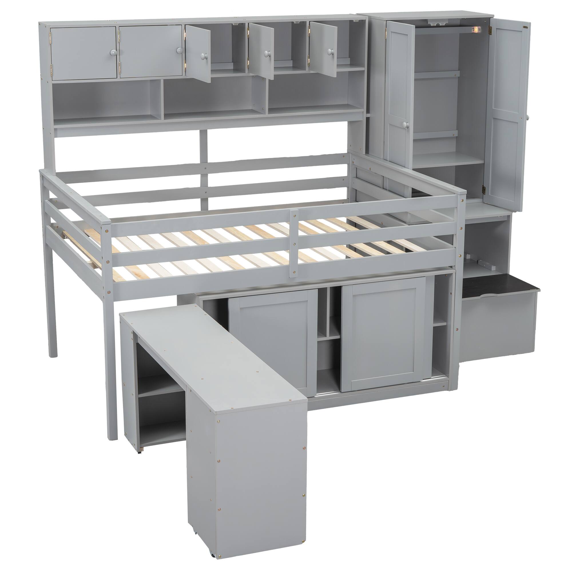 Alt View 1. Tiramisubest - Full Size Gray Wooden Loft Bed with Storage, Desk, Drawers & Shelves - Gray.