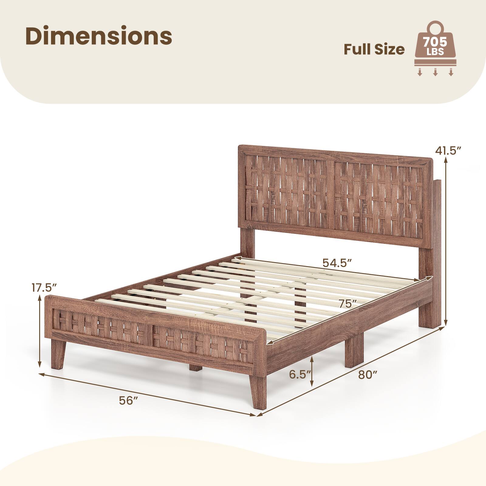 Dimensions  
Full Size  
705 LBS  
41.5"  
54.5"  
17.5"  
6.5"  
75"  
80"  
56"