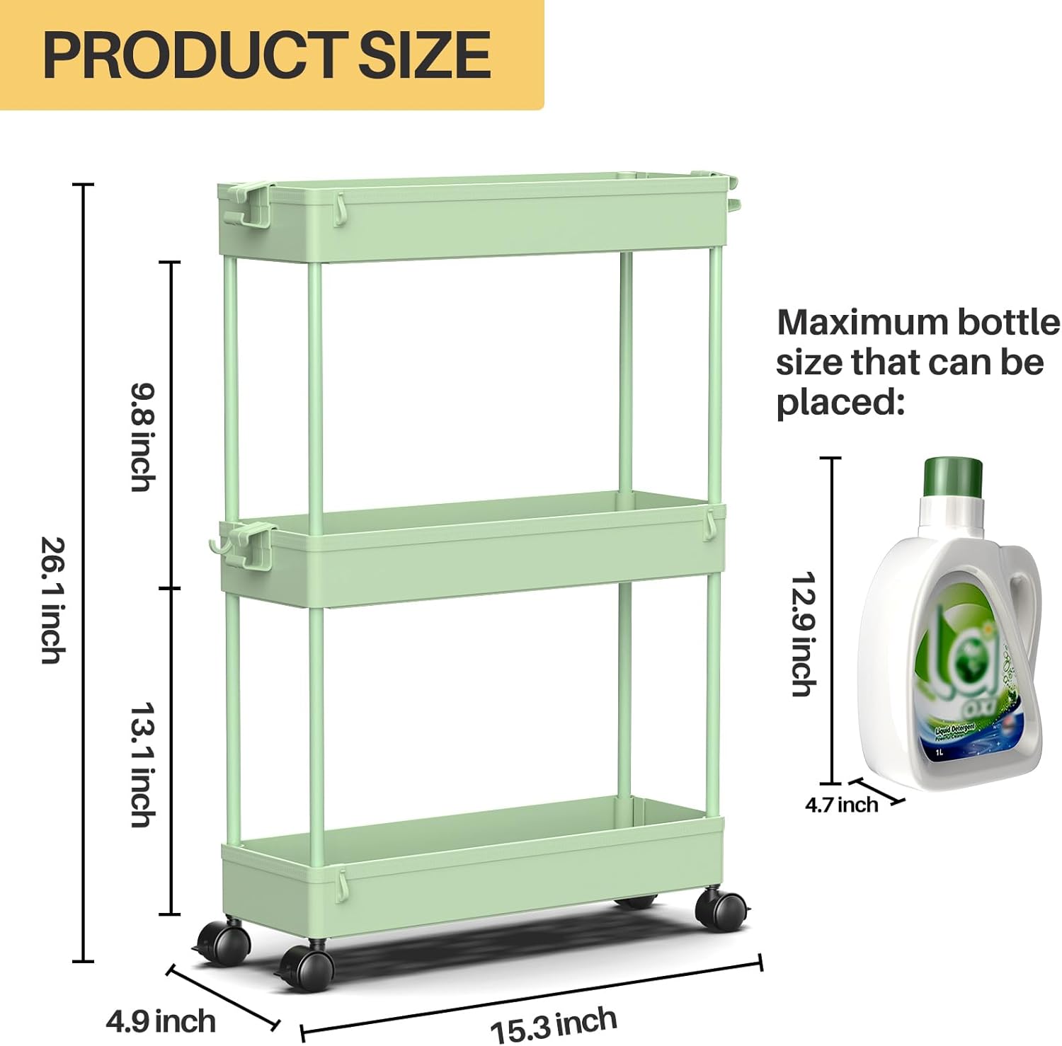 PRODUCT SIZE: 26.1 inch, 9.8 inch, 13.1 inch, 4.9 inch, 15.3 inch

Maximum bottle size that can be placed: 12.9 inch, 4.7 inch